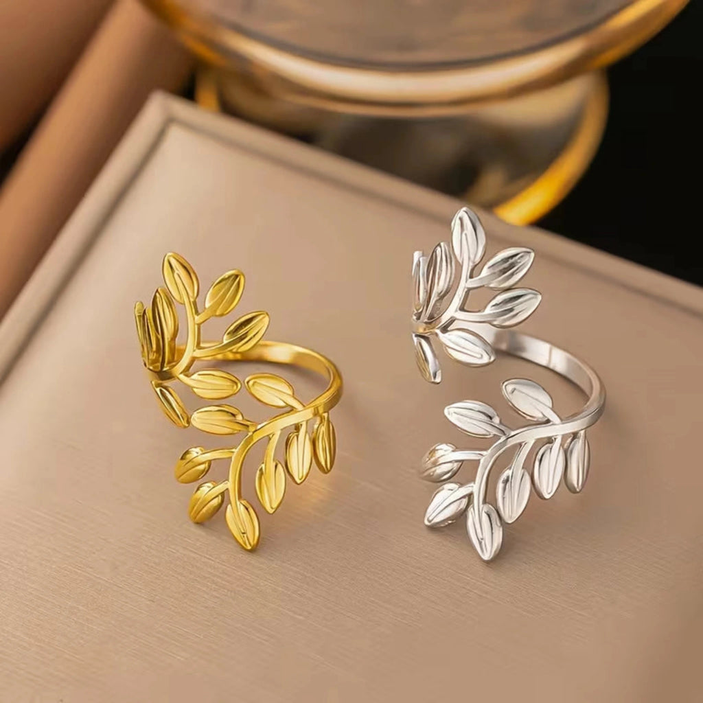 Bague Ajustable "Rameau d’Olivier" en Acier Inoxydable