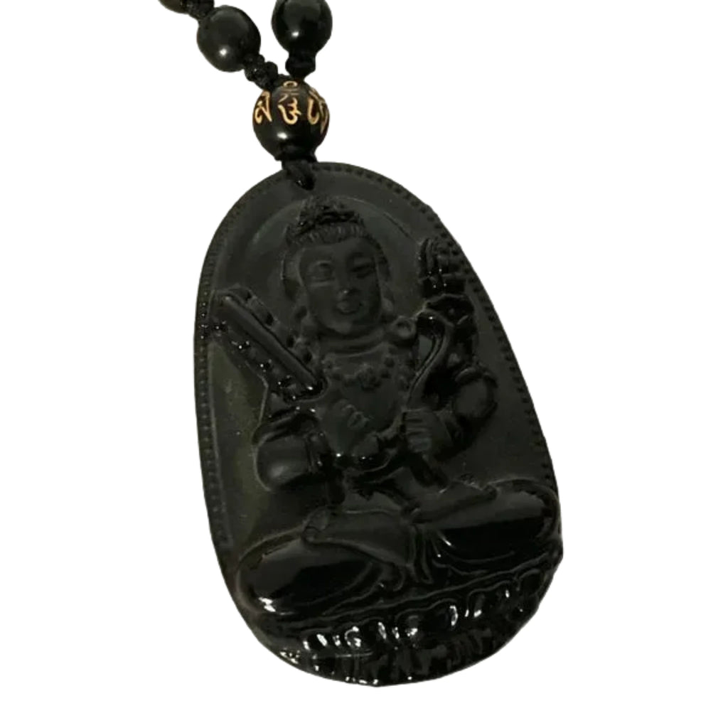Collier mala en pierres d'obsidienne noire sur cordon ajustable – vue de côté