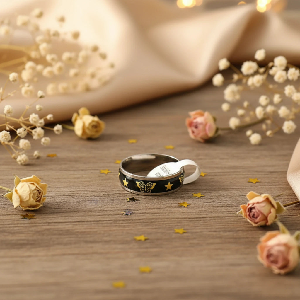 Bague "Nuit Étoilée" – Anneau Papillons et Étoiles en Acier Inoxydable