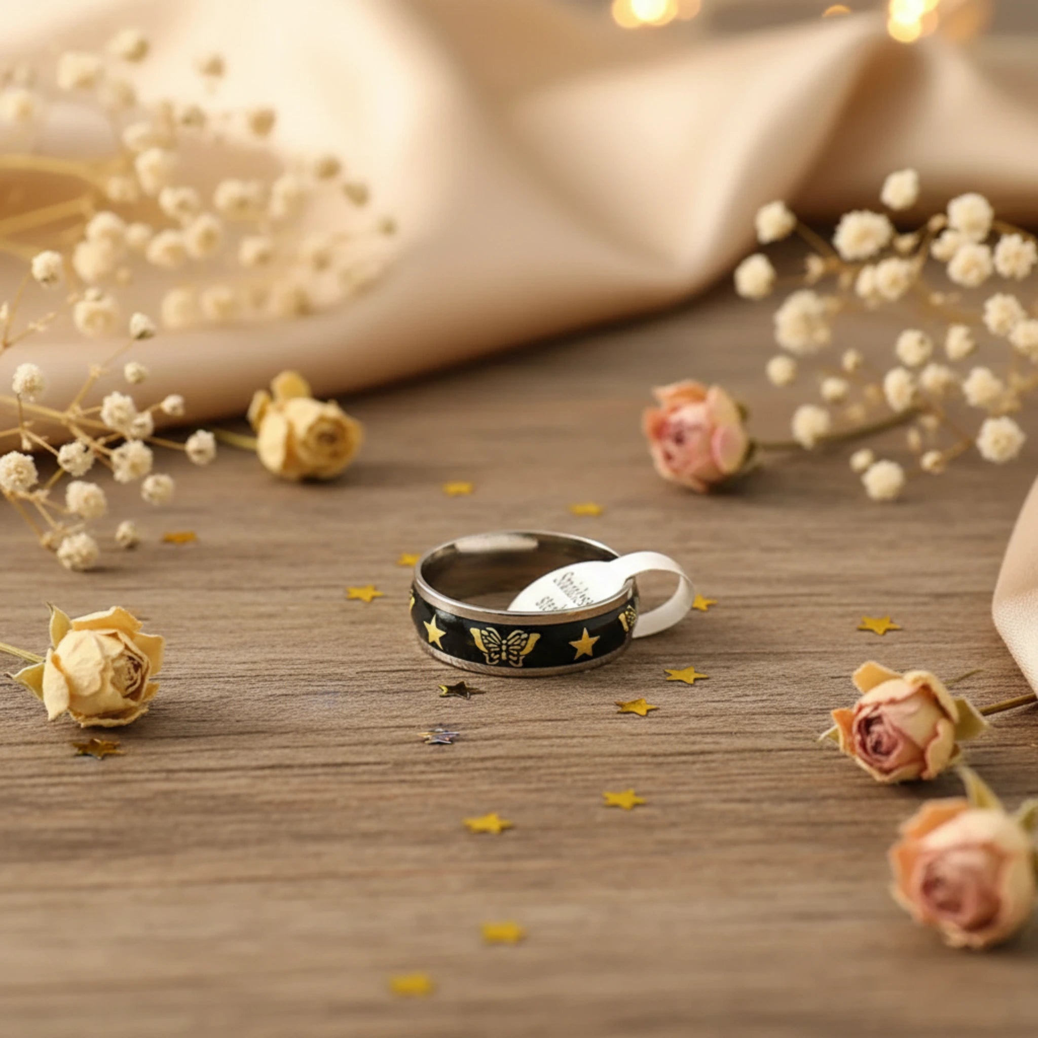 Bague "Nuit Étoilée" – Anneau Papillons et Étoiles en Acier Inoxydable