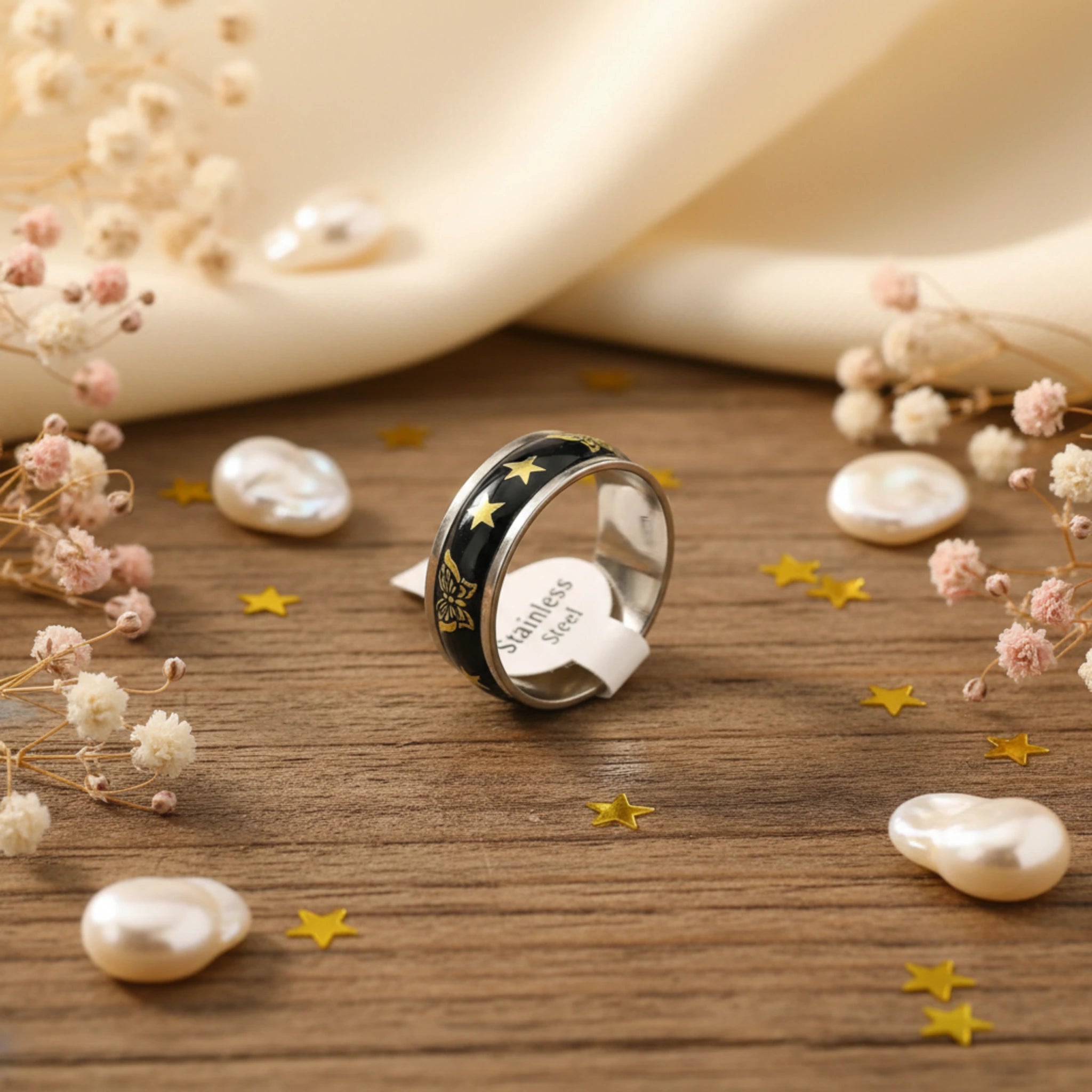 Bague "Nuit Étoilée" – Anneau Papillons et Étoiles en Acier Inoxydable