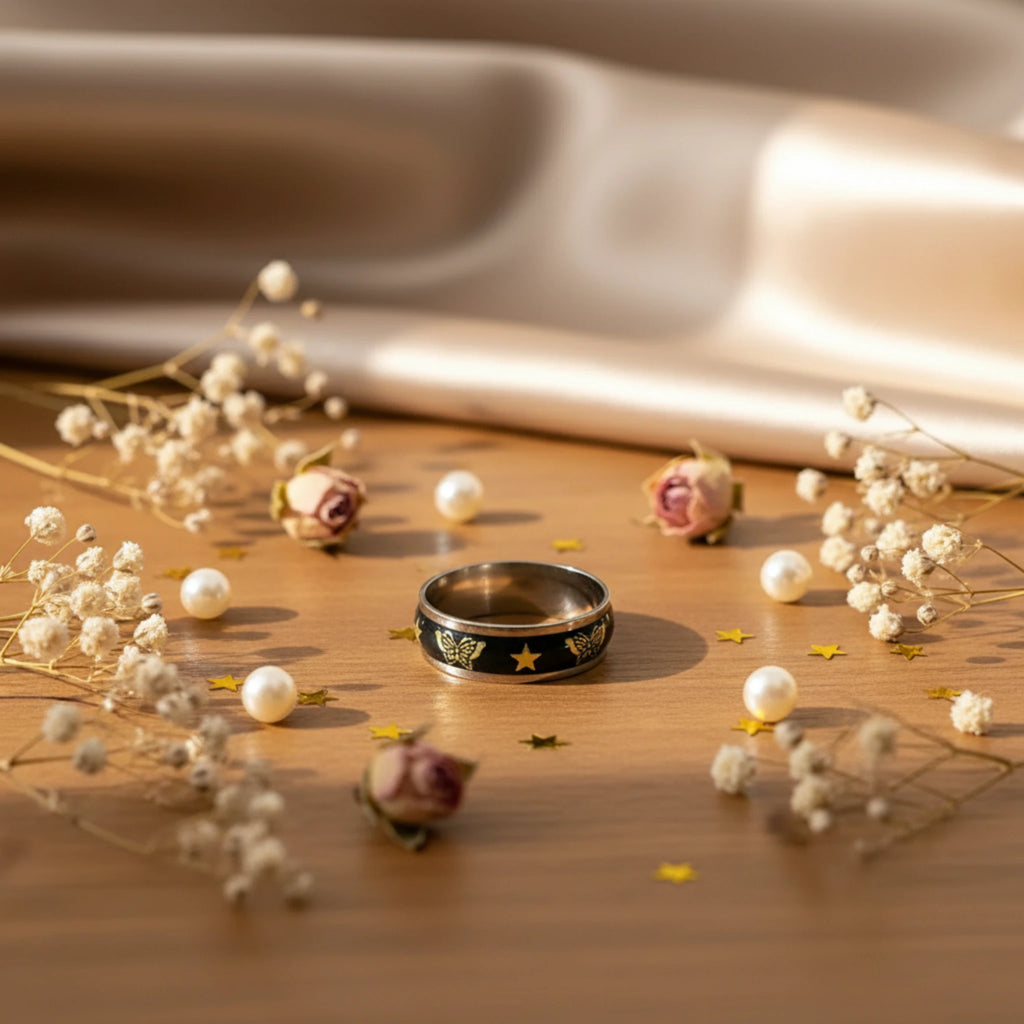 Bague "Nuit Étoilée" – Anneau Papillons et Étoiles en Acier Inoxydable