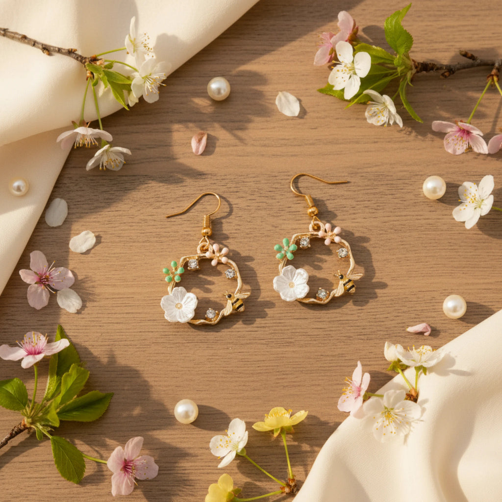 Boucles d'Oreilles Bucoliques – Abeilles & Fleurs en Métal Doré