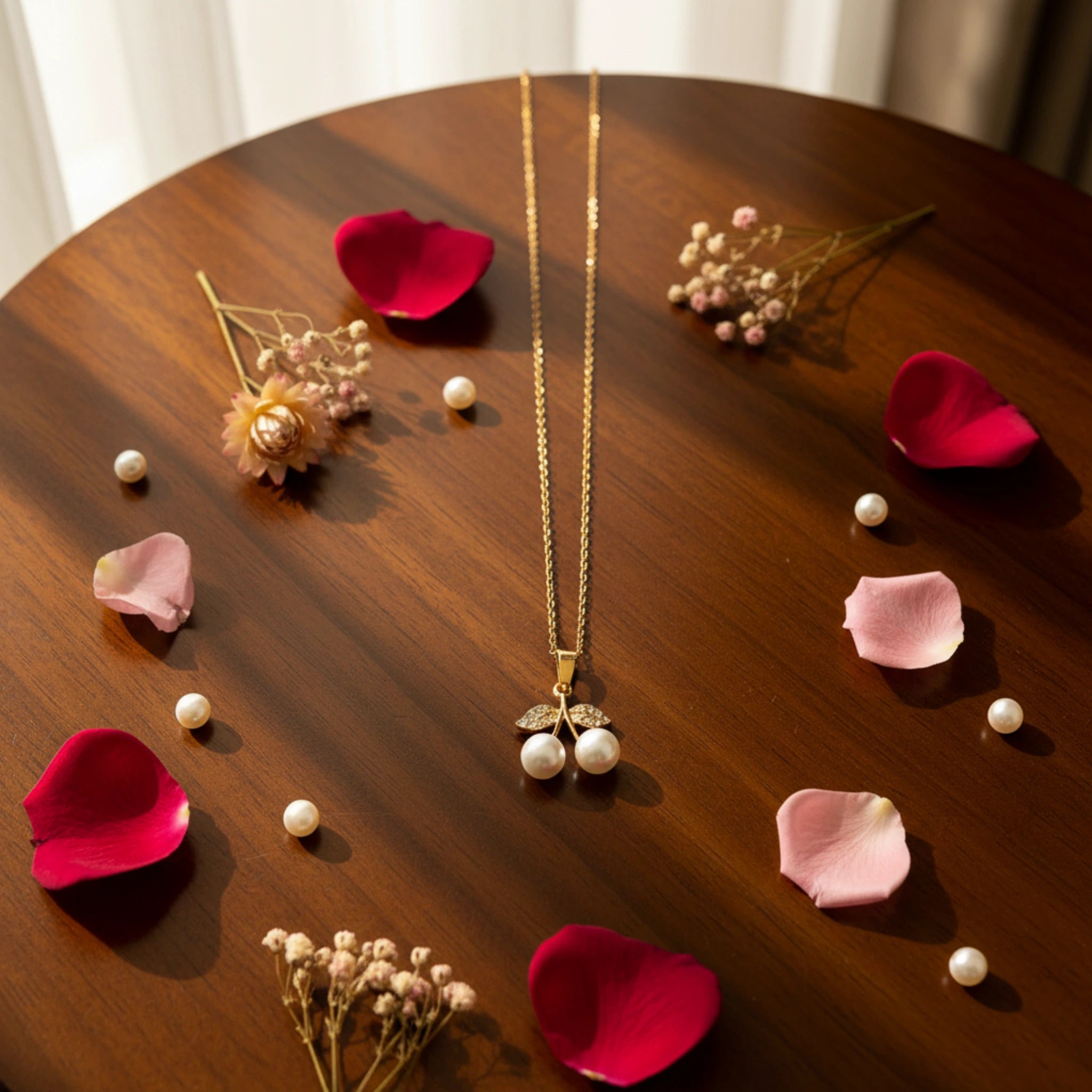 Collier Pendentif "Duo de Cerises" – Acier Inoxydable Doré & Perles
