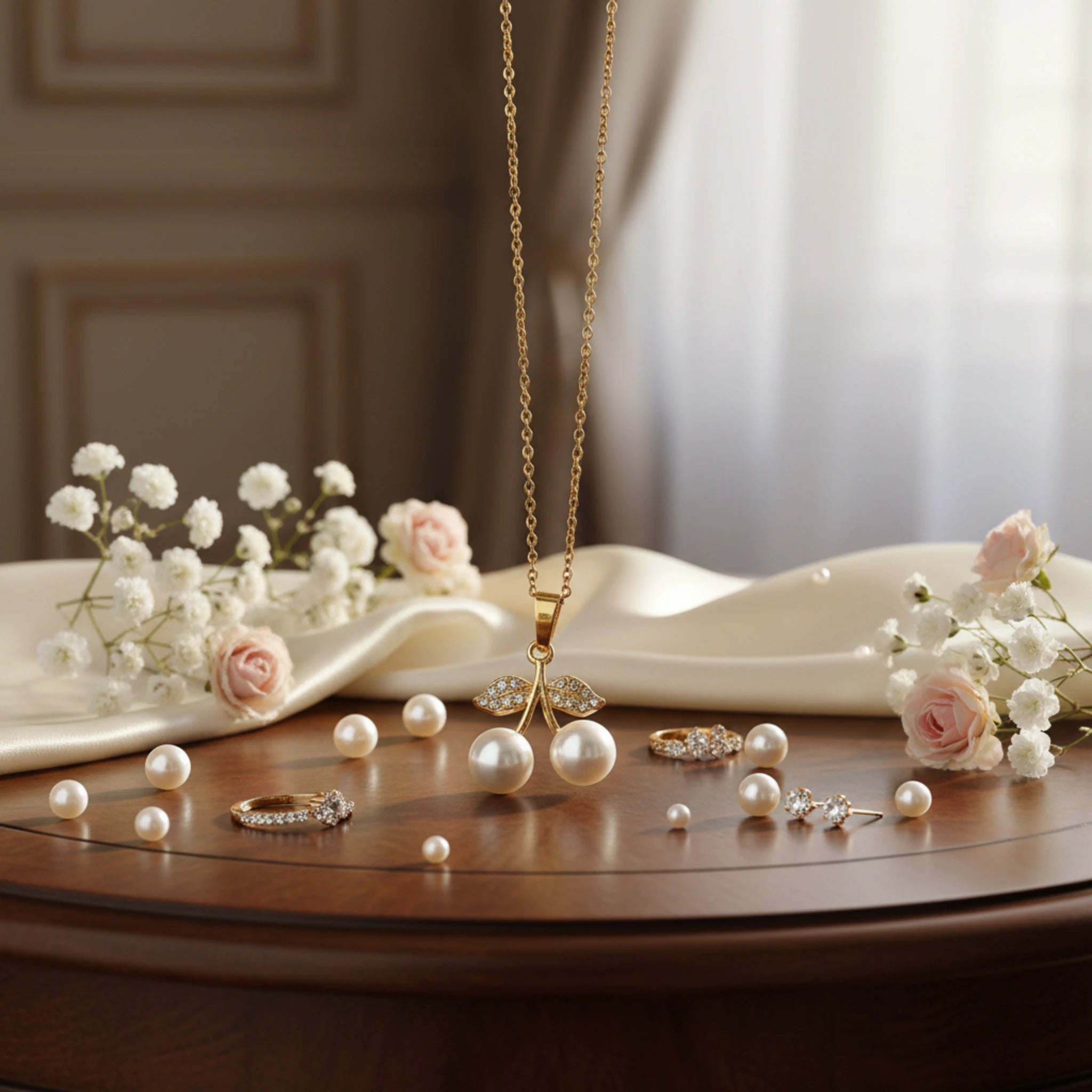 Collier Pendentif "Duo de Cerises" – Acier Inoxydable Doré & Perles