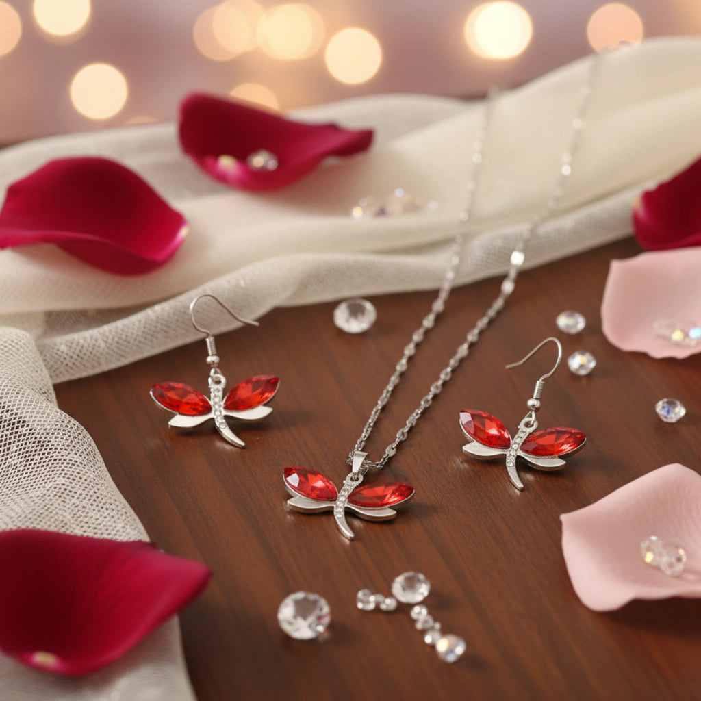 Parure libellule rouge en acier inoxydable et cristaux