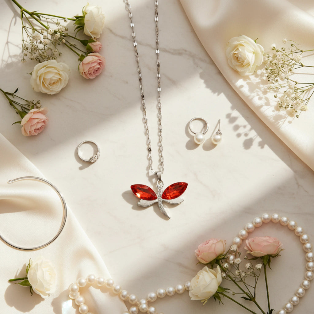 Collier libellule rouge en acier inoxydable et cristaux