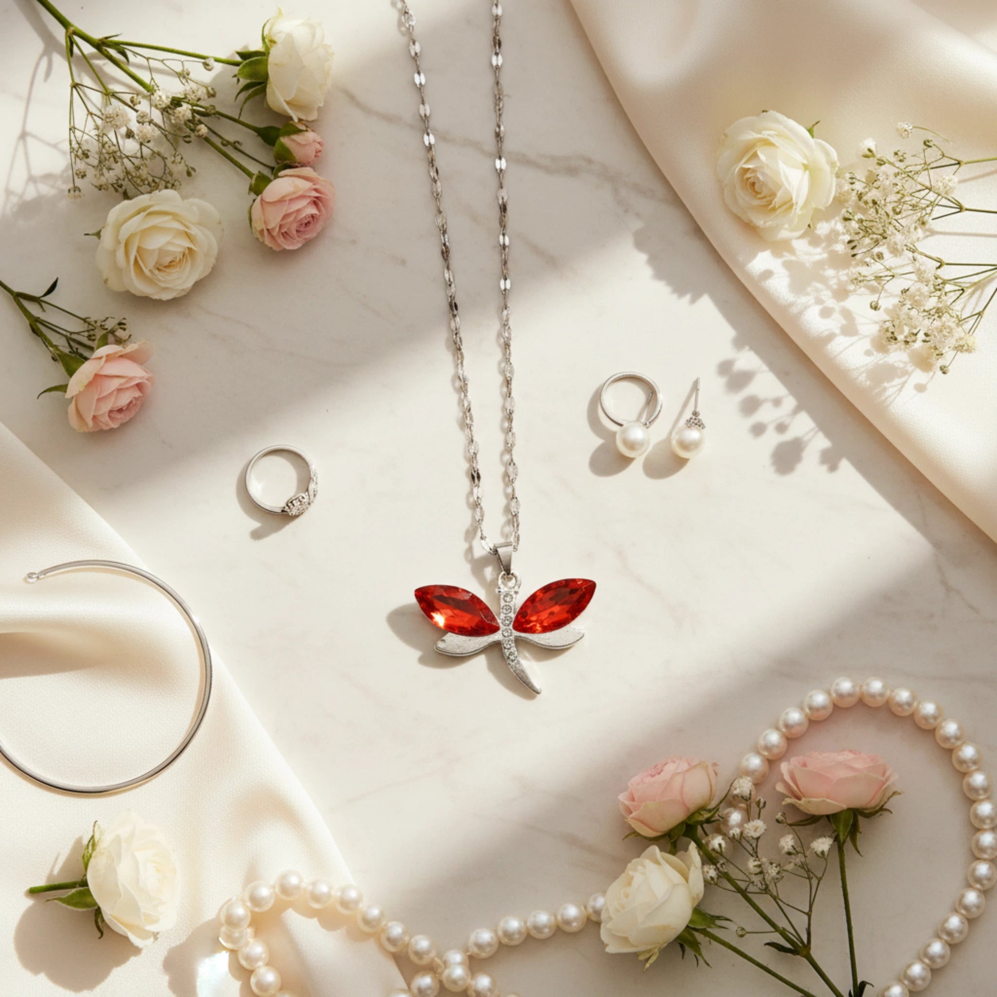 Collier libellule rouge en acier inoxydable et cristaux