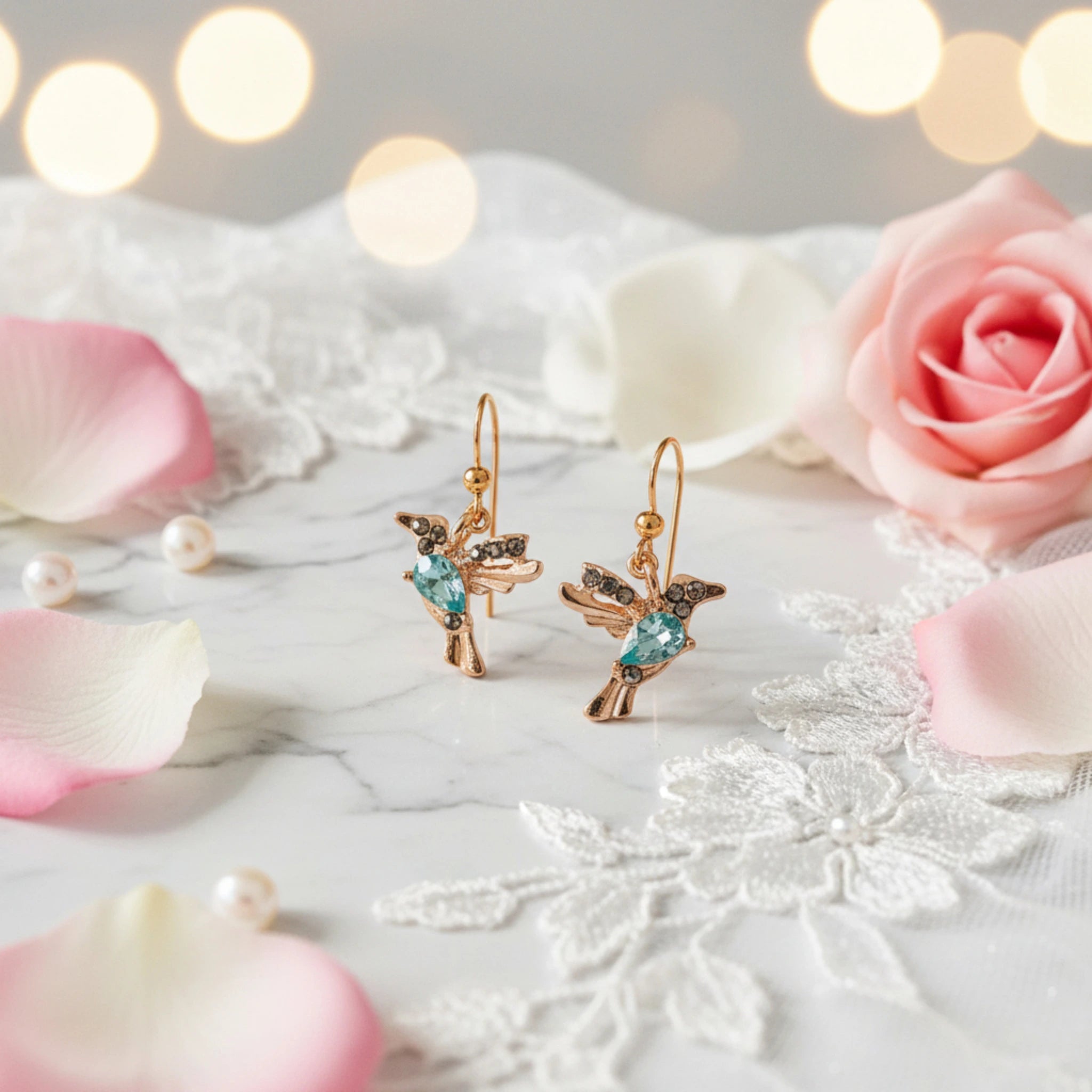 Boucles d'Oreilles Colibri – Éclat Céleste & Métal Doré