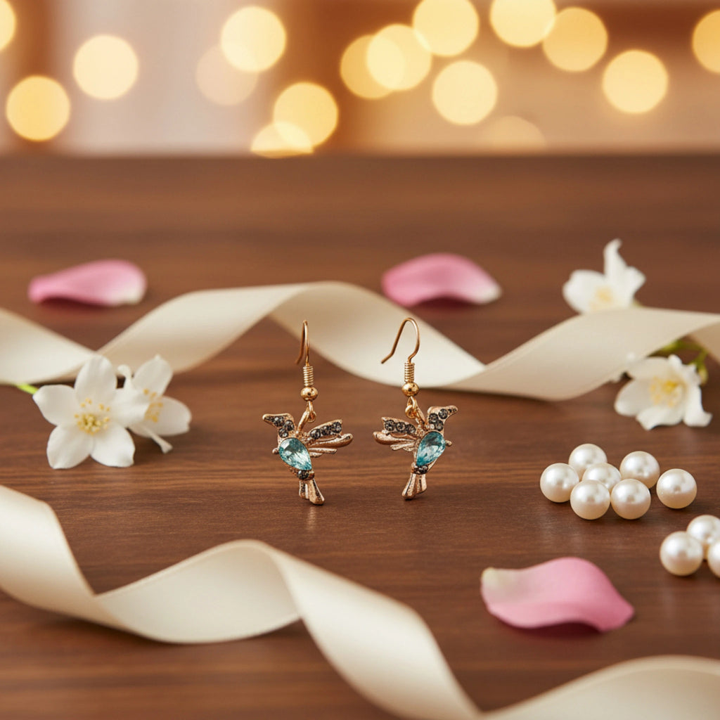 Boucles d'Oreilles Colibri – Éclat Céleste & Métal Doré