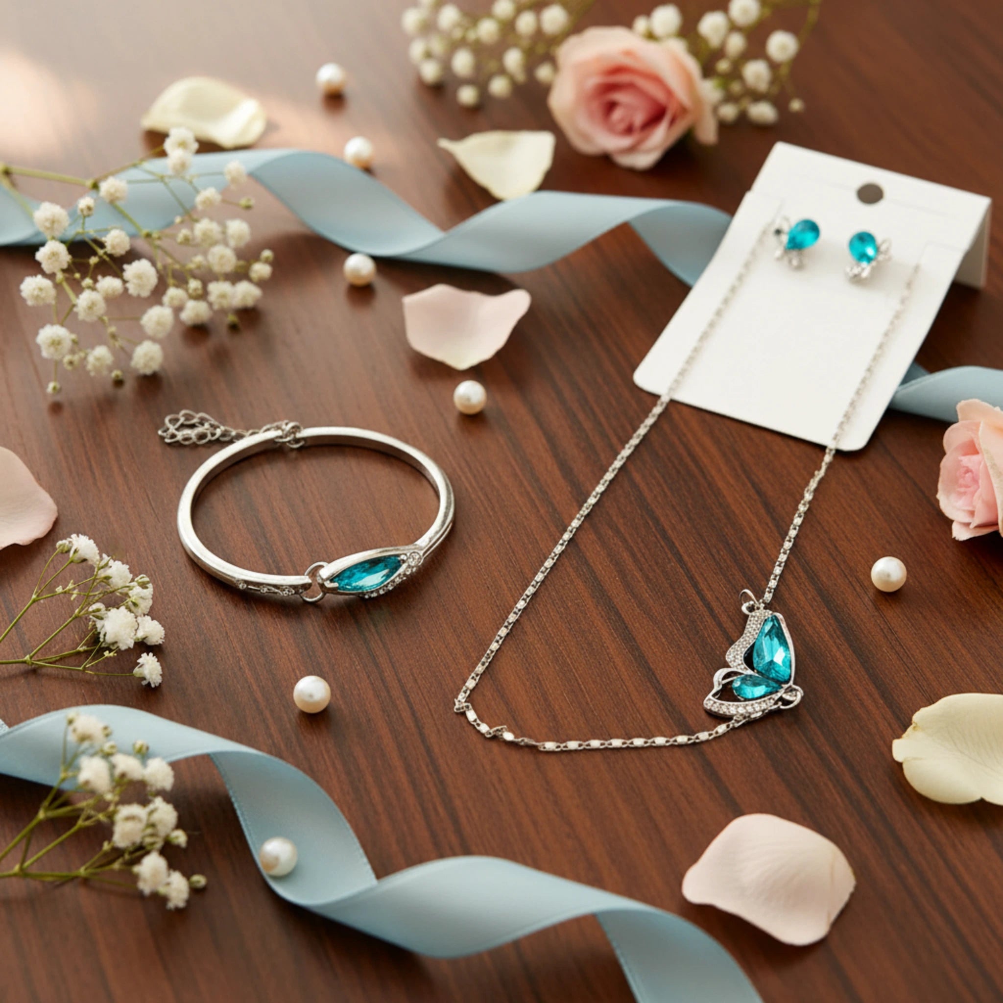 Parure "Papillon Azur" – Collier, Bracelet & Boucles d'Oreilles