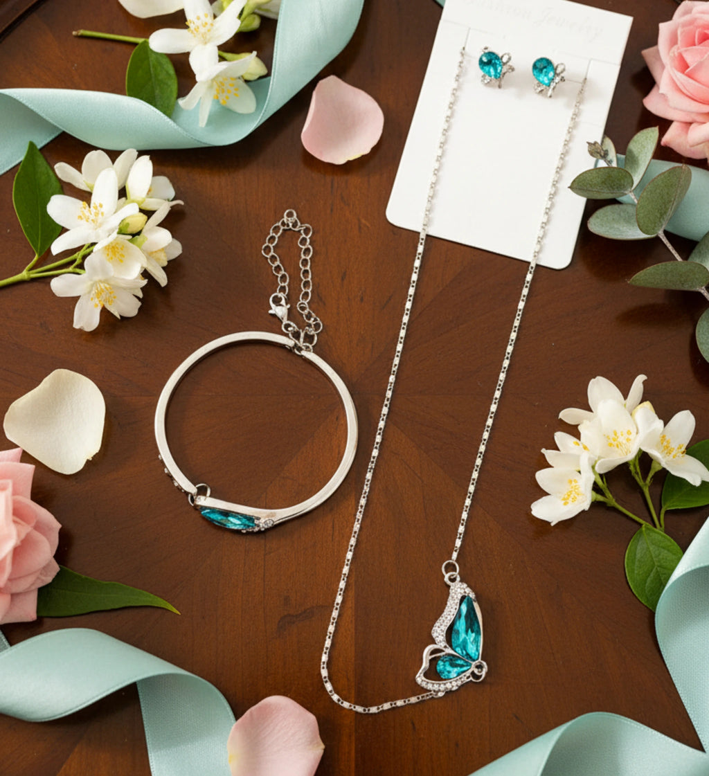 Parure "Papillon Azur" – Collier, Bracelet & Boucles d'Oreilles
