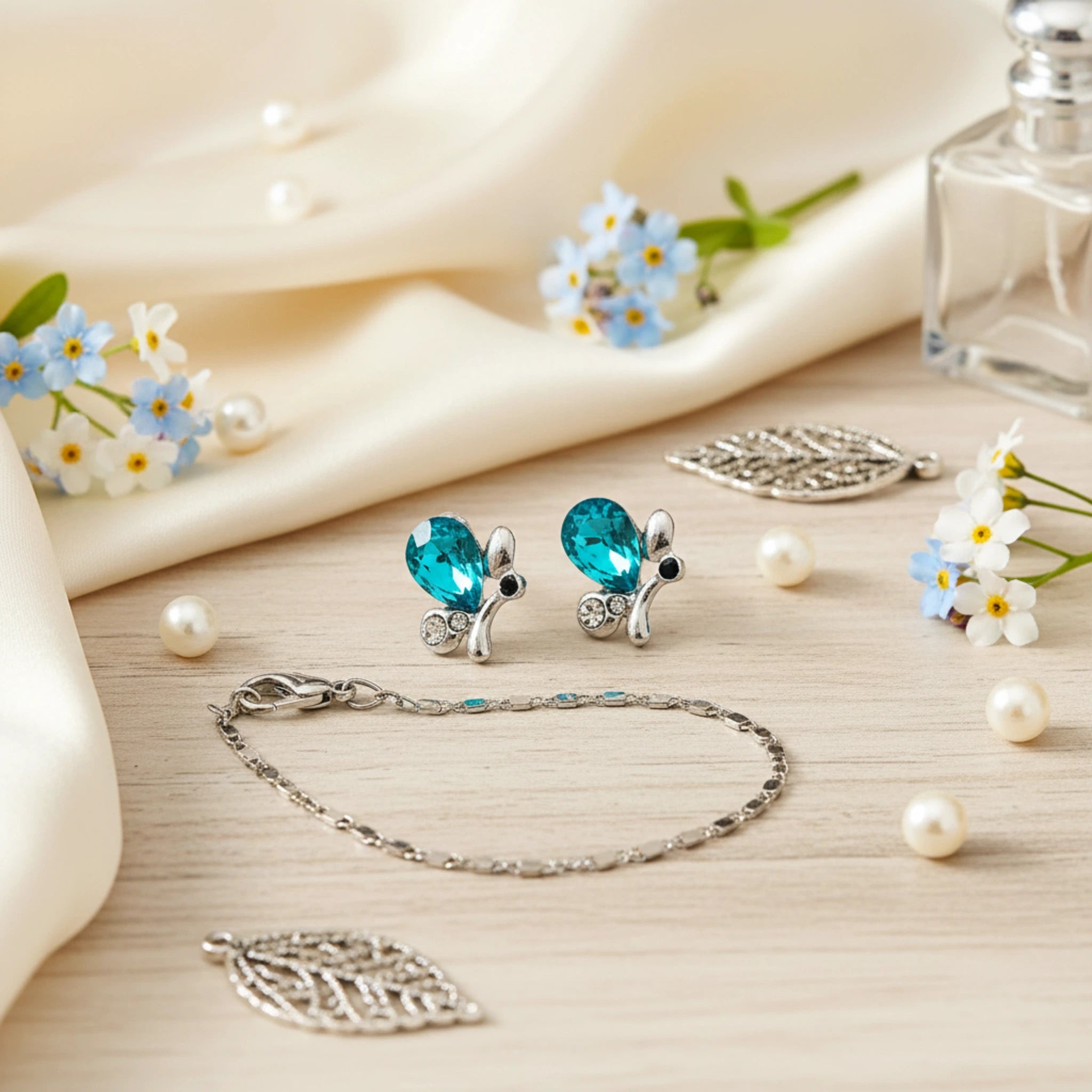 Parure "Papillon Azur" – Collier, Bracelet & Boucles d'Oreilles