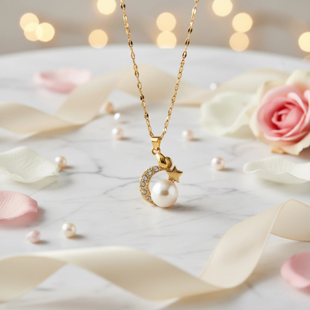 Collier pendentif étoile lune perle doré