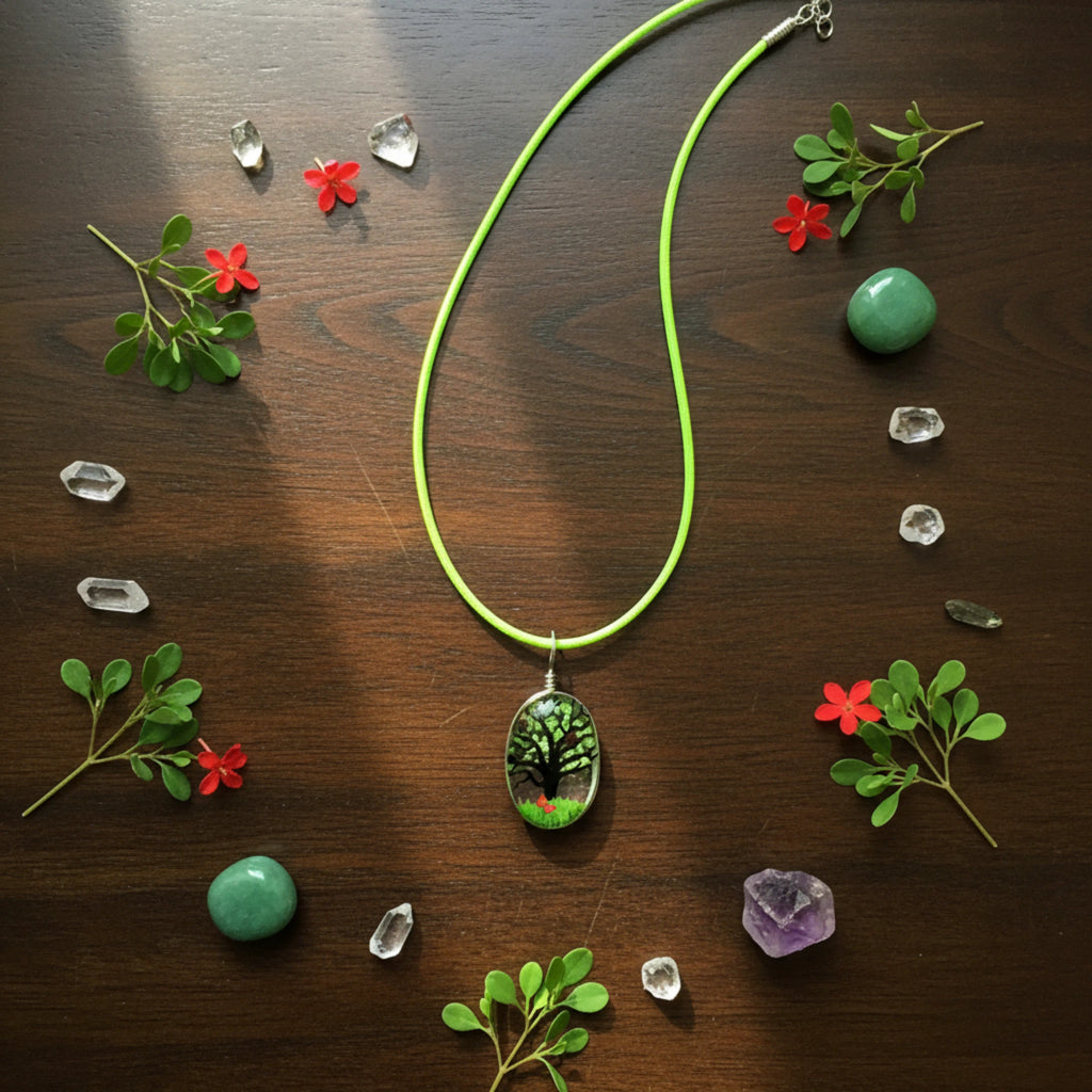Collier Pendentif "Arbre de Vie Émeraude" – Cordon Vert Néon