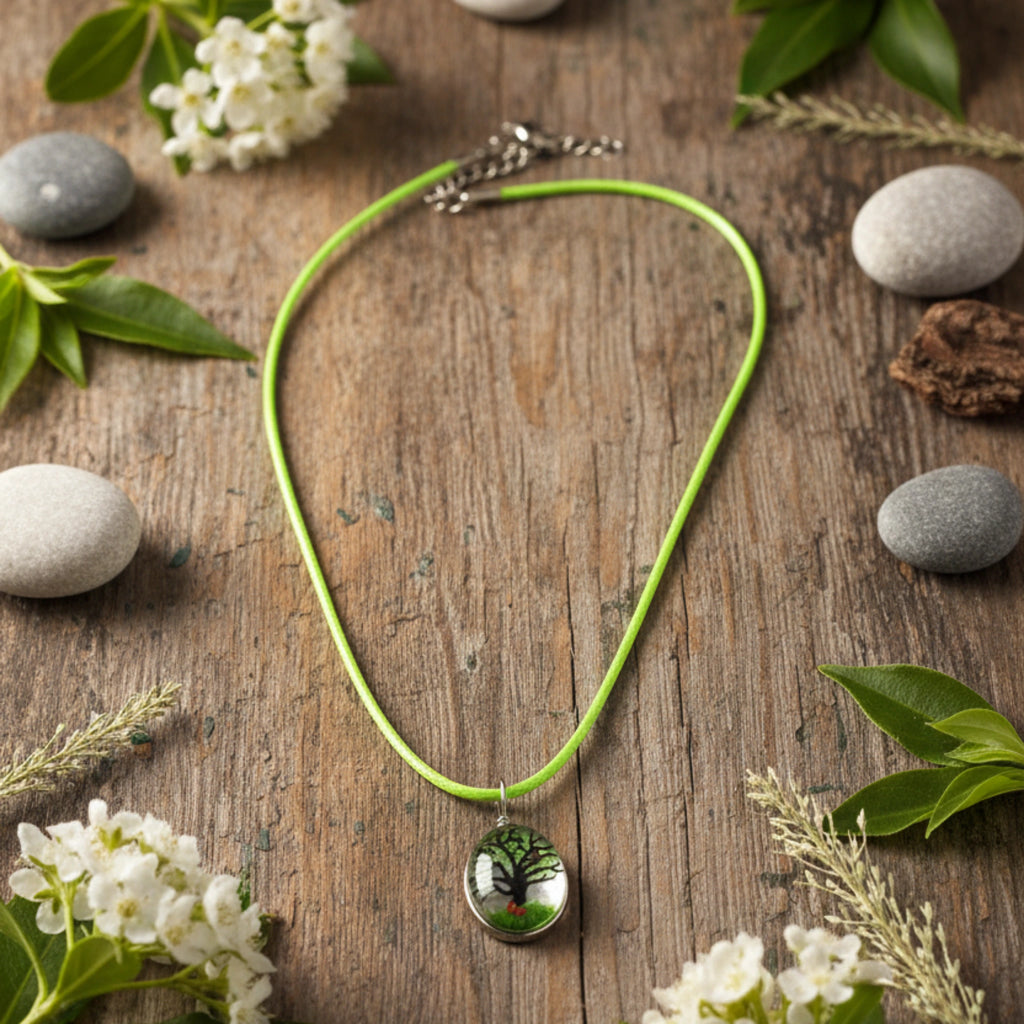 Collier Pendentif "Arbre de Vie Émeraude" – Cordon Vert Néon