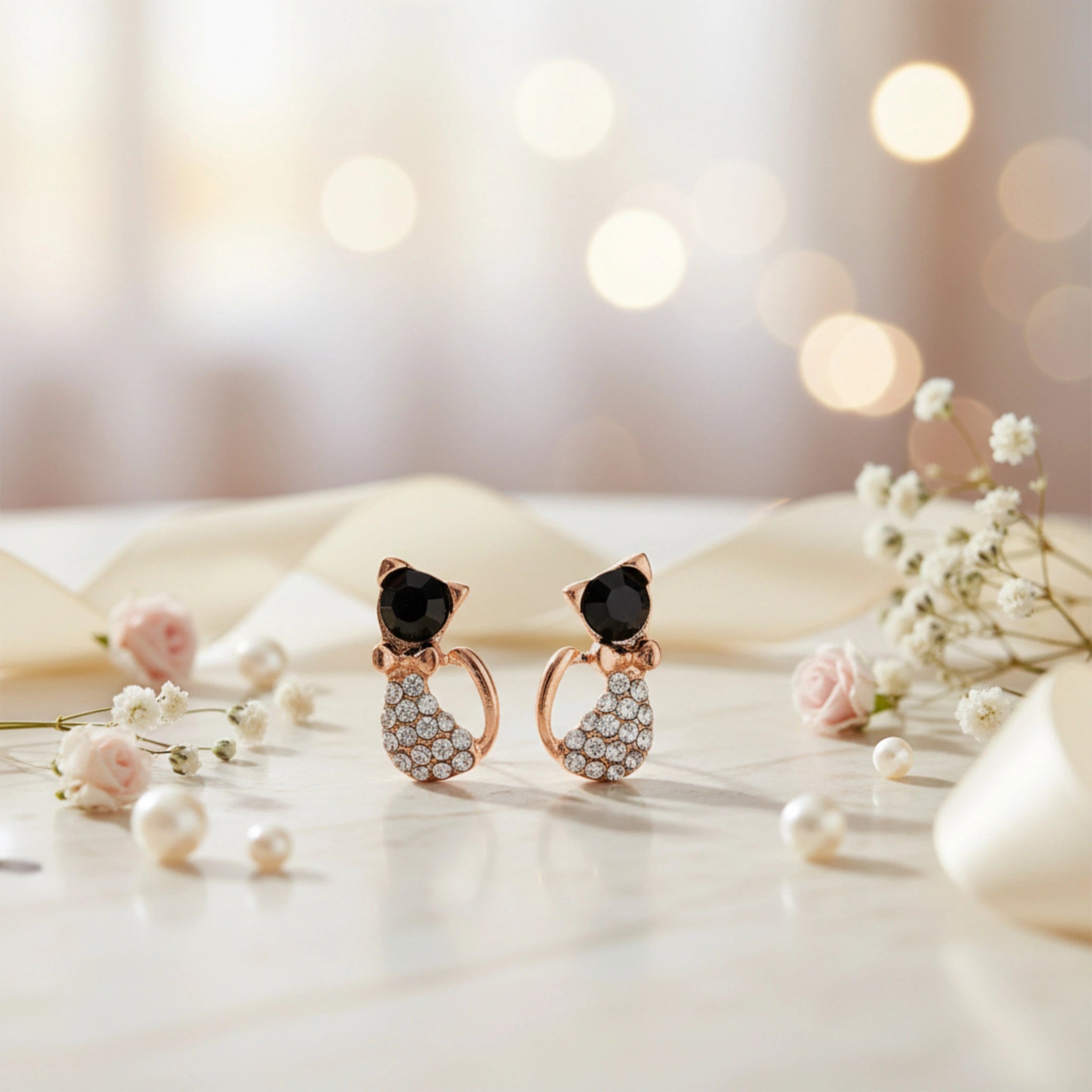 Boucles d'Oreilles Puces Chat – L'Éclat du Métal Doré et des Strass