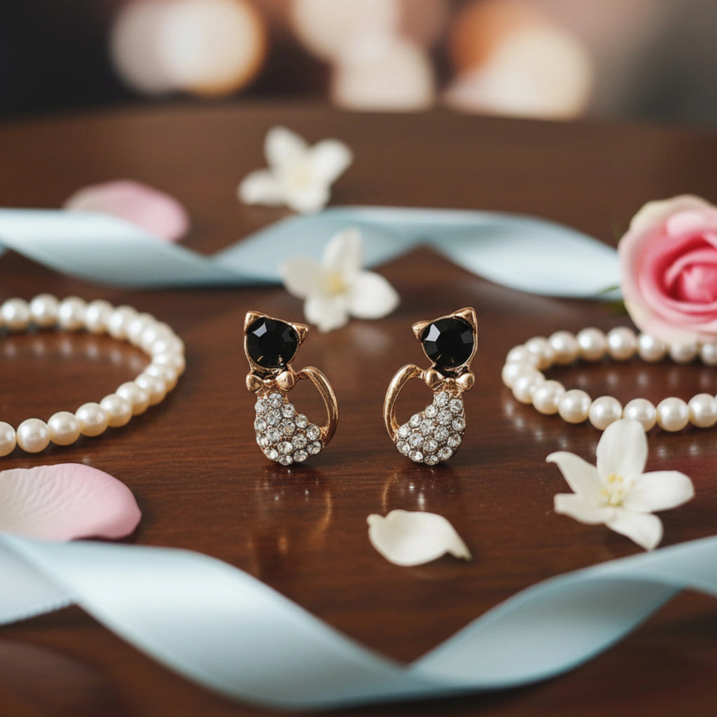 Boucles d'Oreilles Puces Chat – L'Éclat du Métal Doré et des Strass