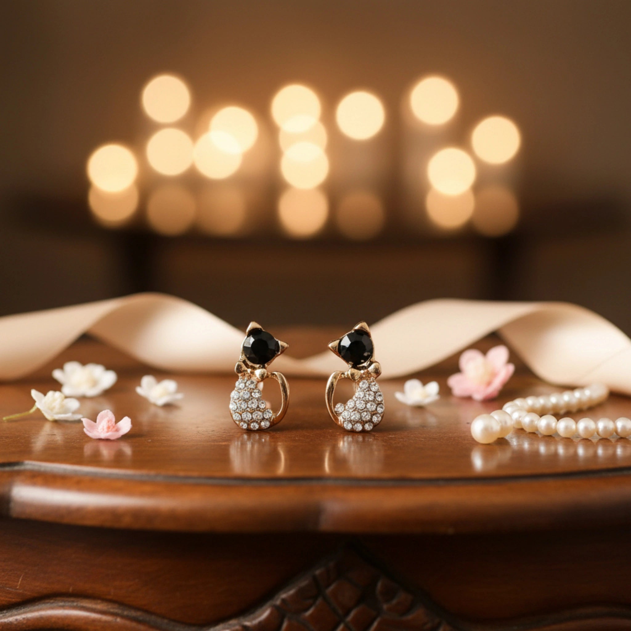 Boucles d'Oreilles Puces Chat – L'Éclat du Métal Doré et des Strass