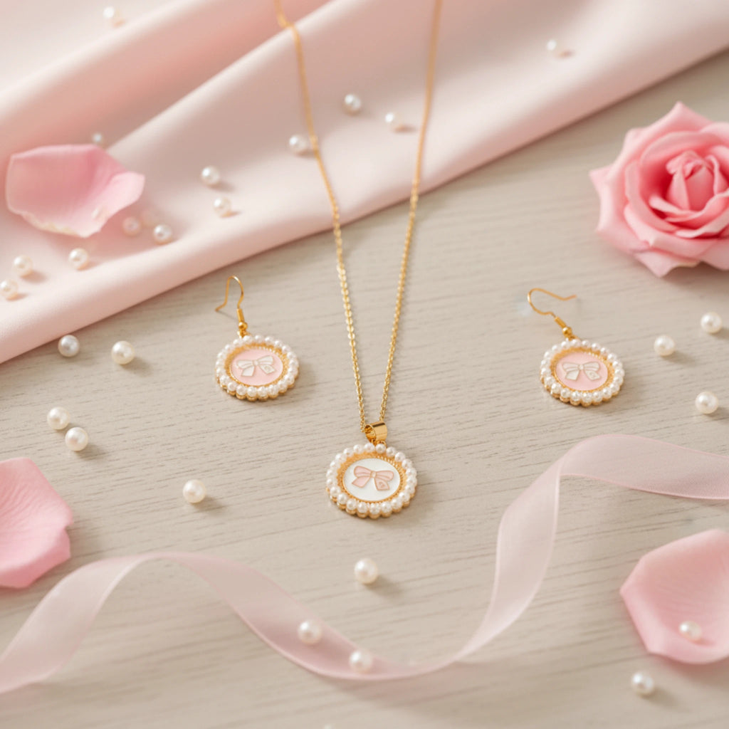 Parure "Éclat Romantique" – Nœuds Roses & Perles Nacrées