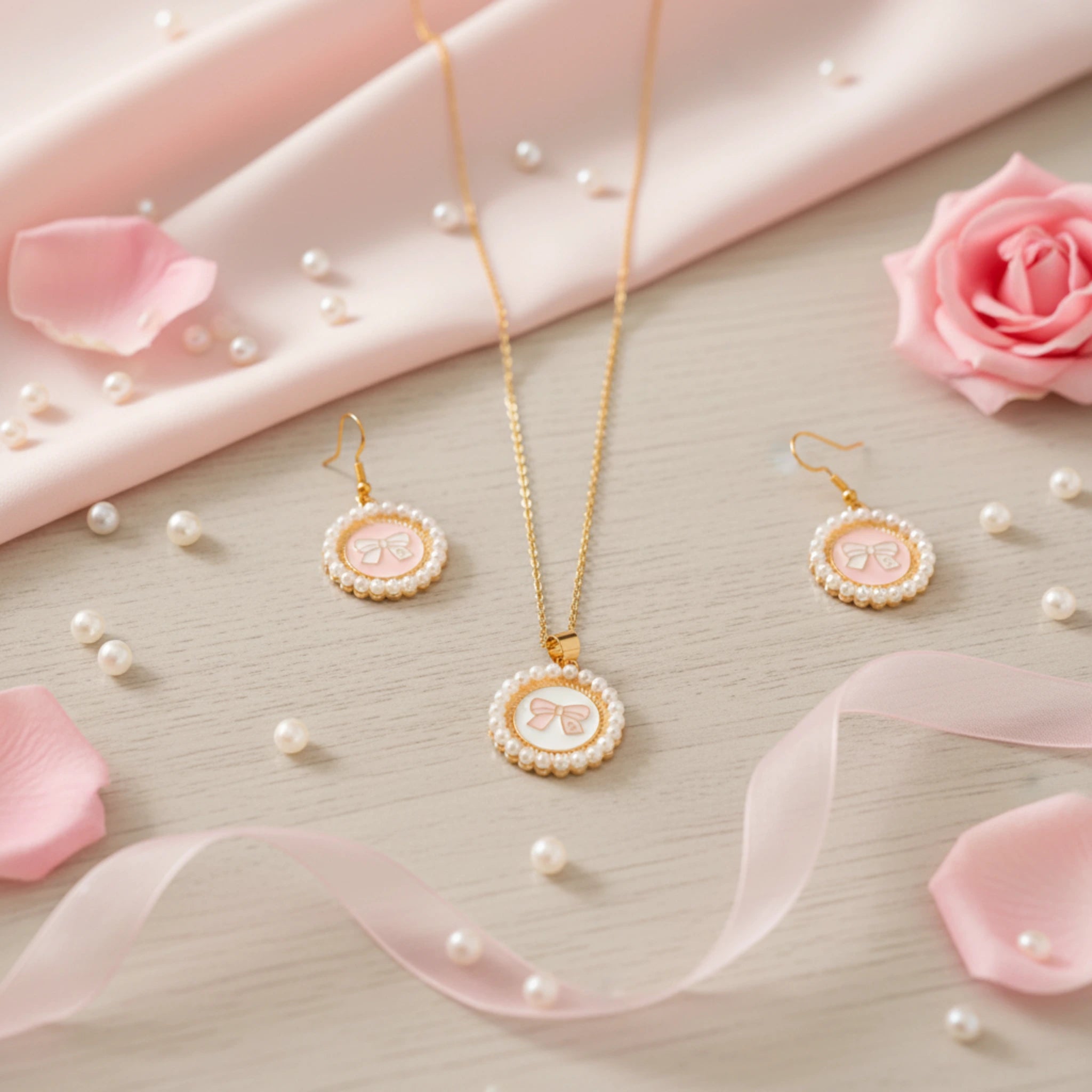 Parure "Éclat Romantique" – Nœuds Roses & Perles Nacrées