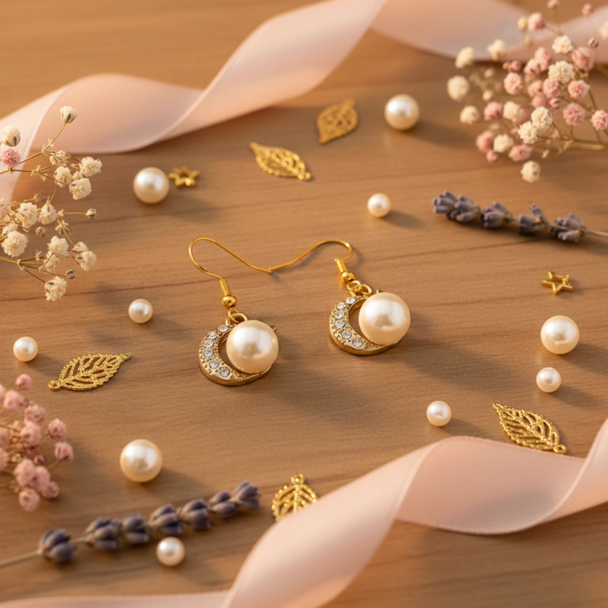 Boucles d'Oreilles Pendantes "Nuit Étoilée" – Lune, Étoile & Perle Nacre