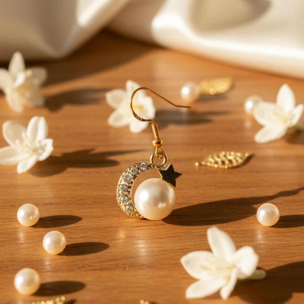 Boucles d'Oreilles Pendantes "Nuit Étoilée" – Lune, Étoile & Perle Nacre