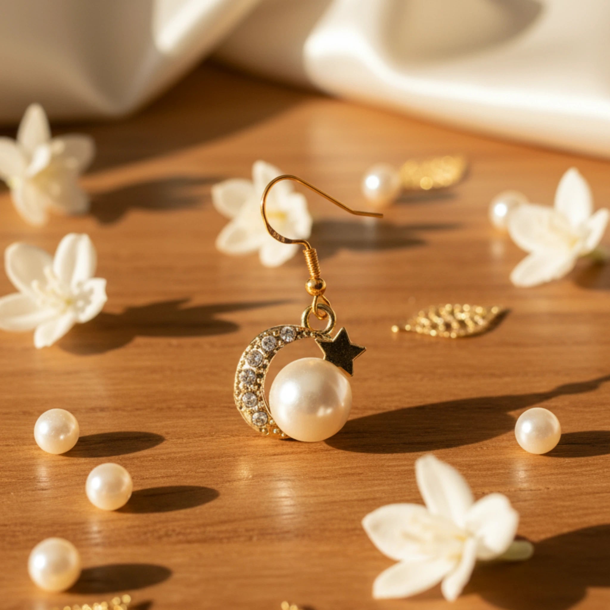 Boucles d'Oreilles Pendantes "Nuit Étoilée" – Lune, Étoile & Perle Nacre