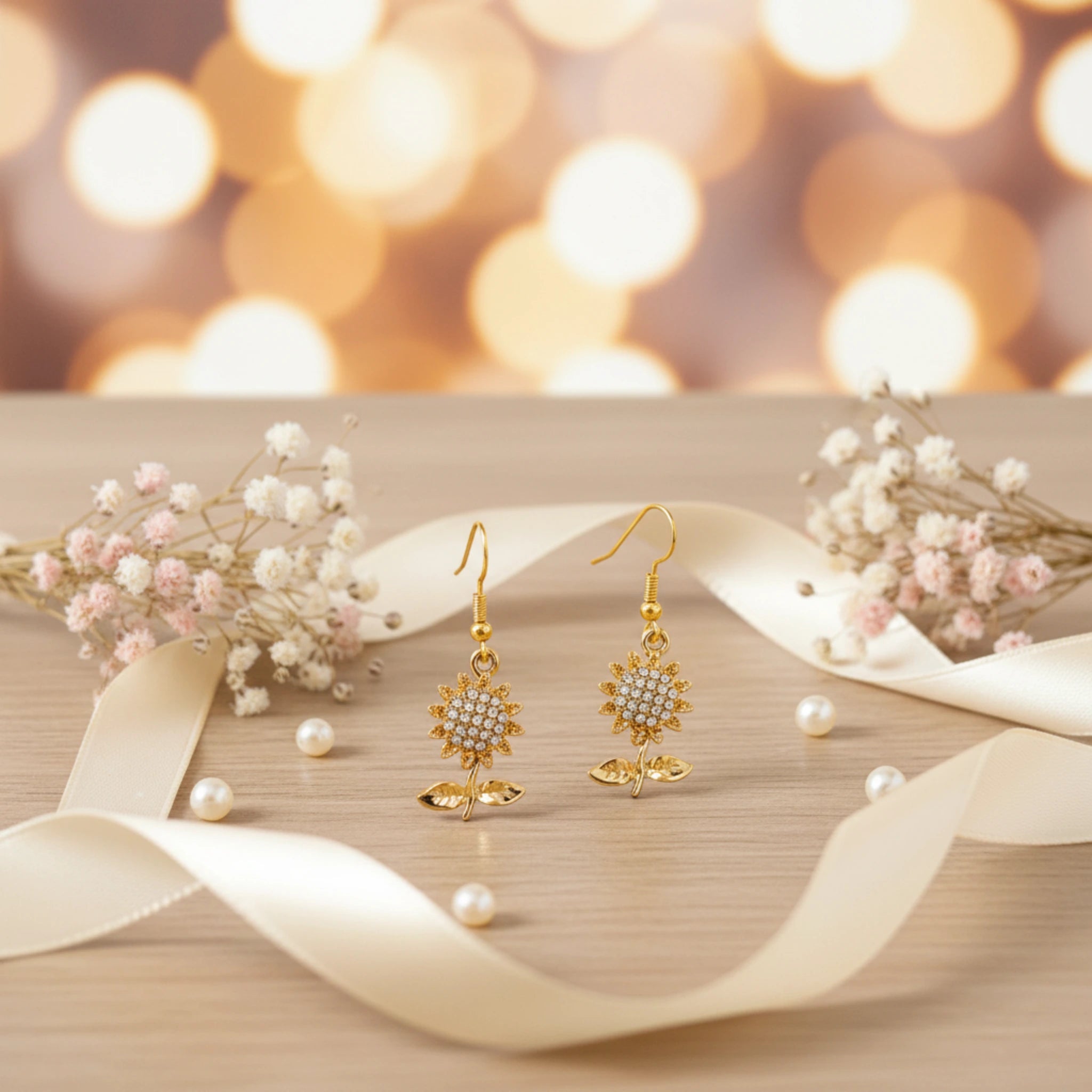 Boucles d'Oreilles "Tournesol Étincelant" – Fini Doré & Cristaux