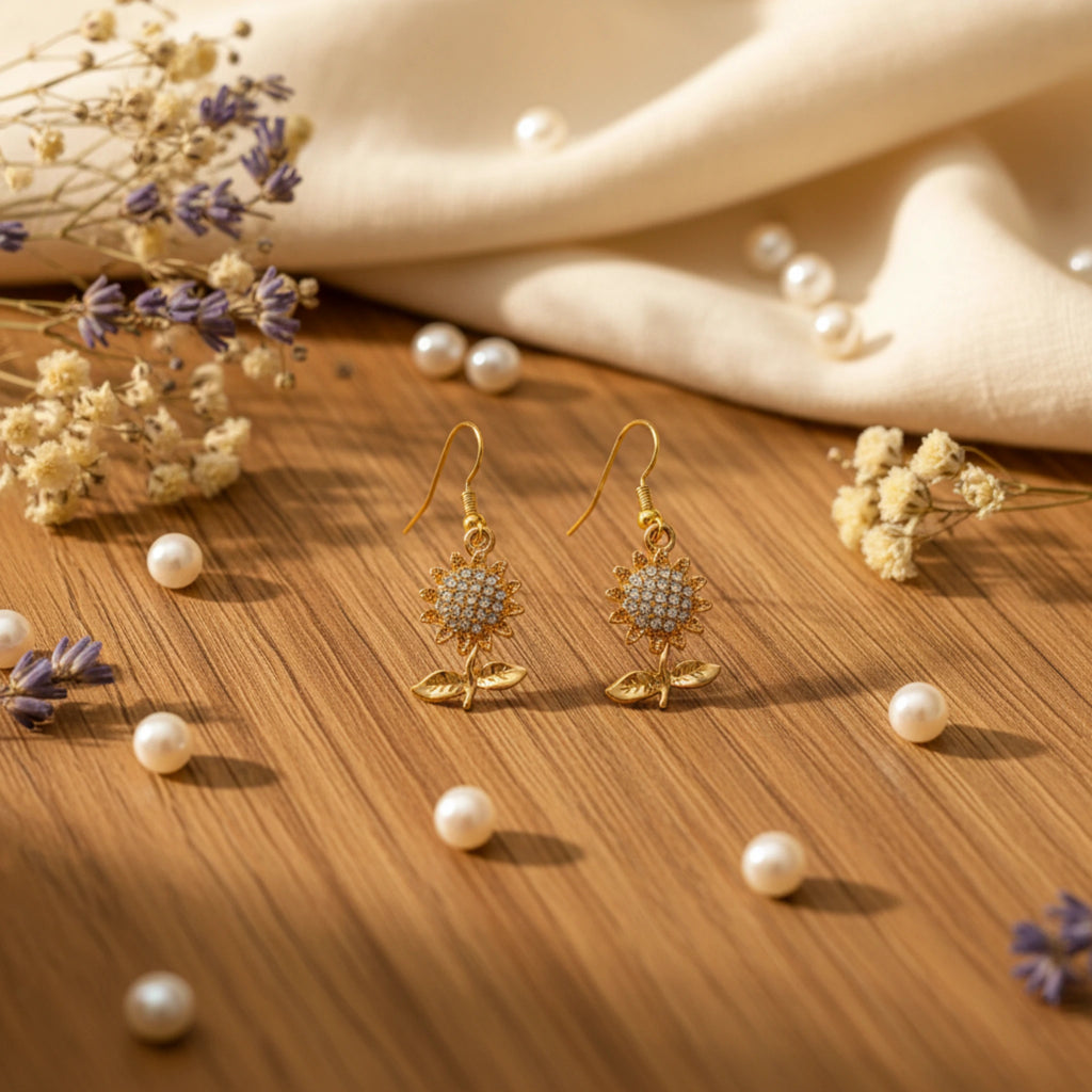 Boucles d'Oreilles "Tournesol Étincelant" – Fini Doré & Cristaux