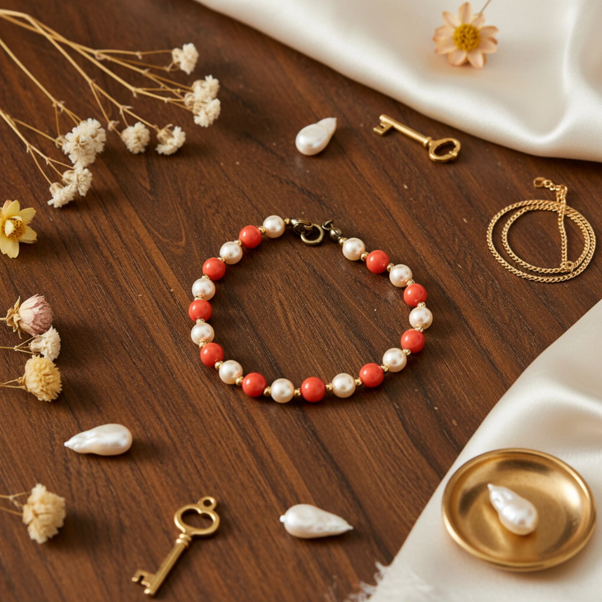 Bracelet "Douceur Corail" – Éclat Nacré et Doré