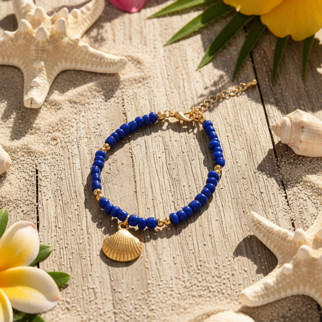 Bracelet "Riviera" – Perles Bleu Cobalt & Charme Coquillage