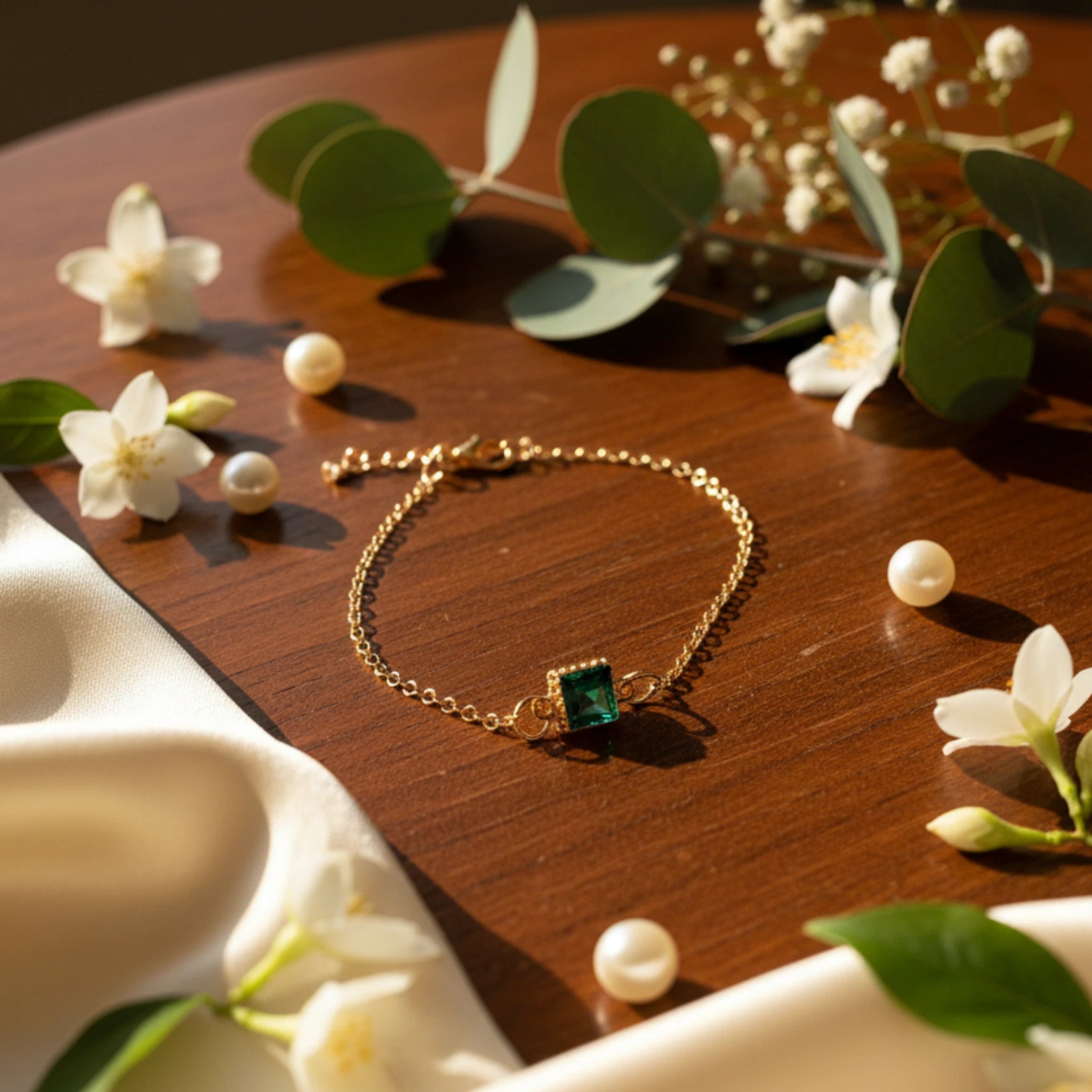 Bracelet Chaîne Fine "Émeraude Royale" – Élégance Géométrique et Dorée