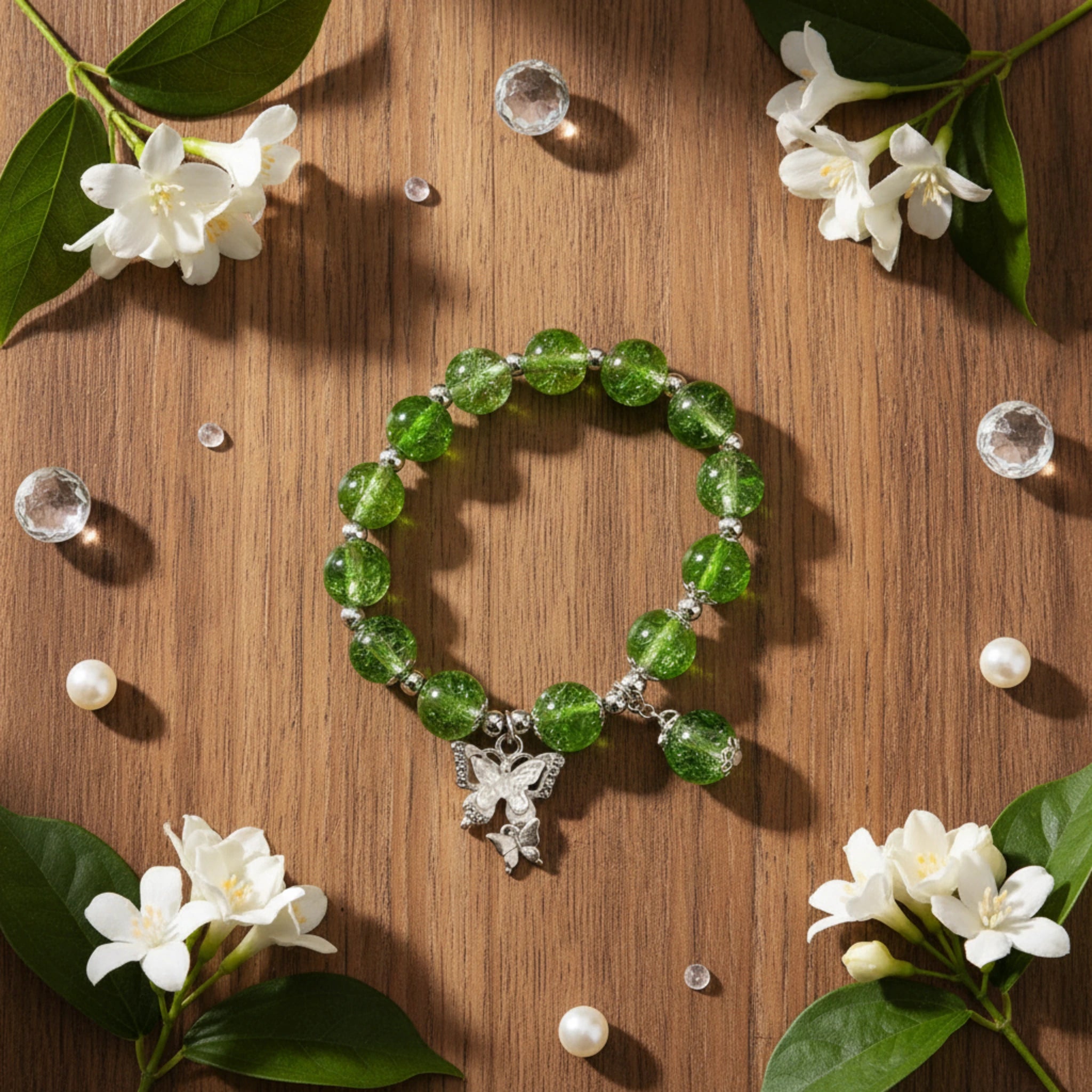 Bracelet "Éclat de Printemps" – Vert Givré et Papillons
