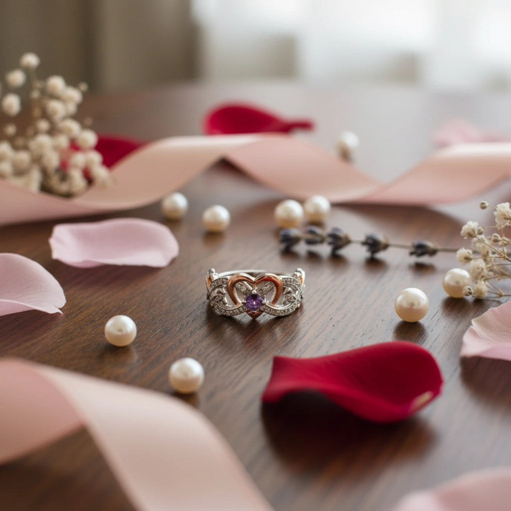 Bague "Promesse d'Éternité" – Cœur Rose Gold et pierre violette