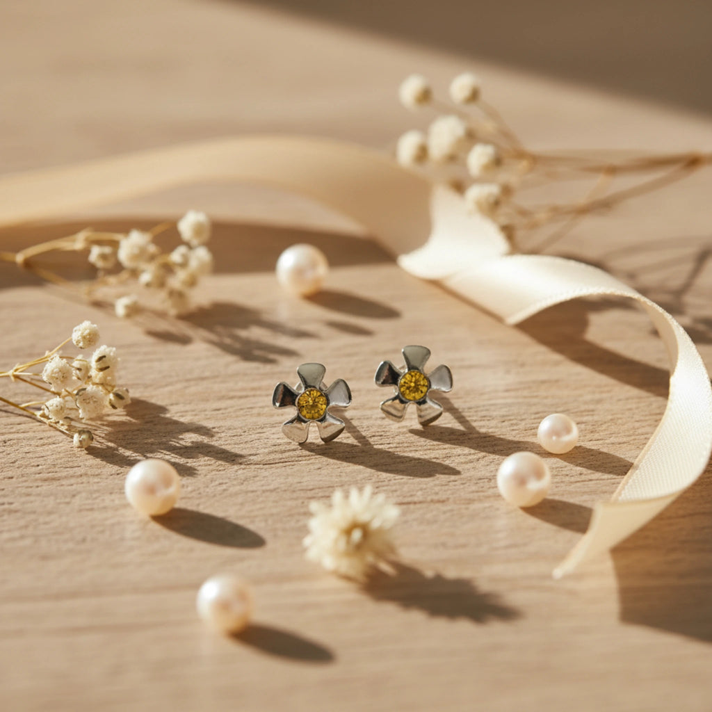 Boucles d'Oreilles "Fleurs avec pierre jaune"