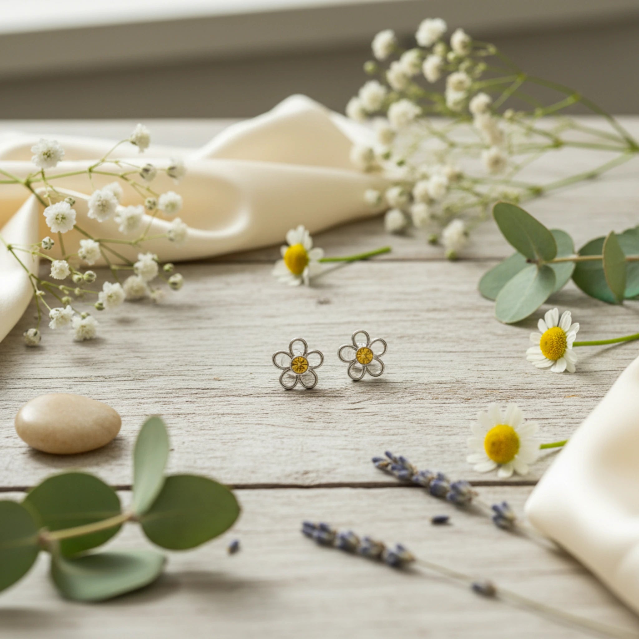 Boucles d'Oreilles "Fleurs avec pierre jaune"