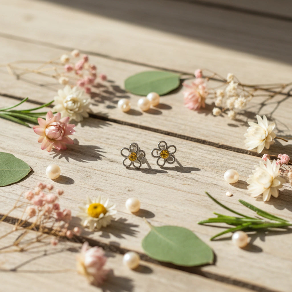 Boucles d'Oreilles "Fleurs avec pierre jaune"