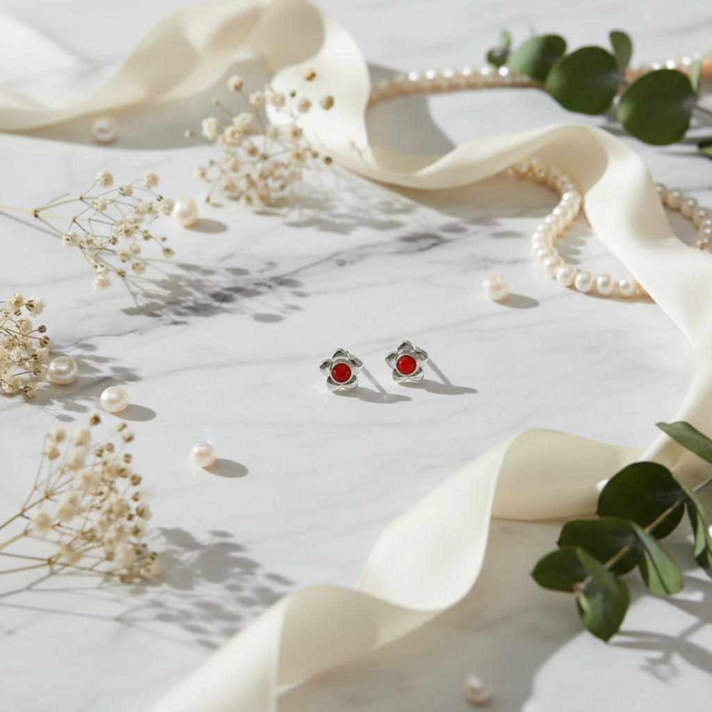 Puces d'Oreilles "Petites Fleurs Rouges"