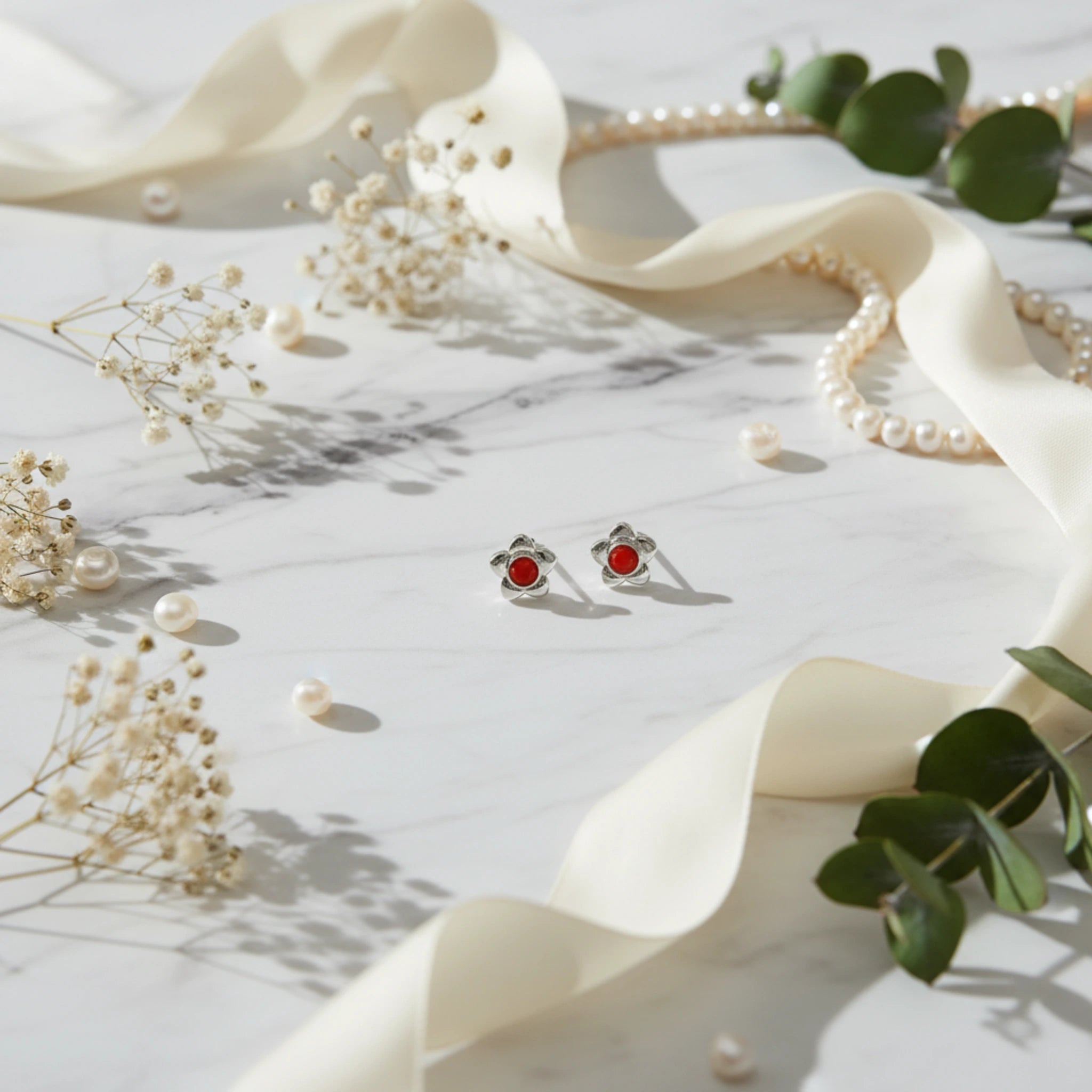 Puces d'Oreilles "Petites Fleurs Rouges"