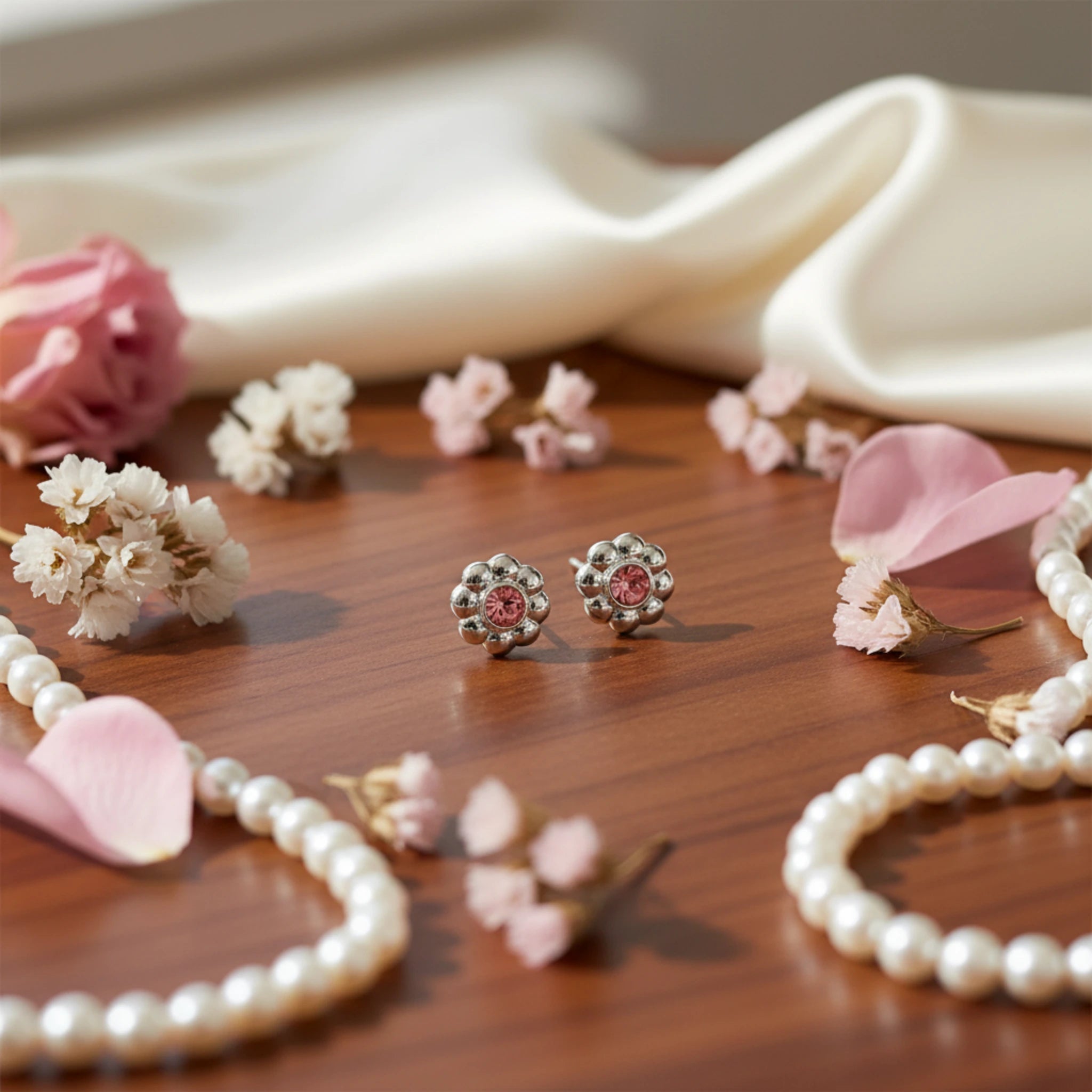 Puces d'Oreilles "Éclat Floral & Rose" – 100% Sans Métal