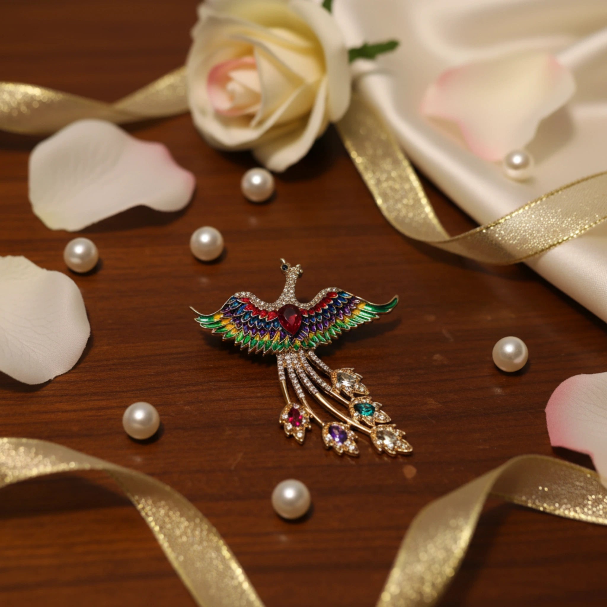 Broche "Phénix Majestueux" – Éclat Multicolore & Doré