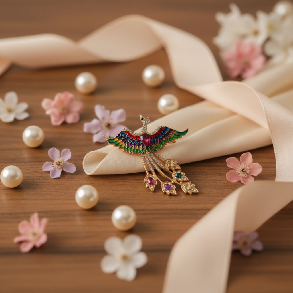 Broche "Phénix Majestueux" – Éclat Multicolore & Doré