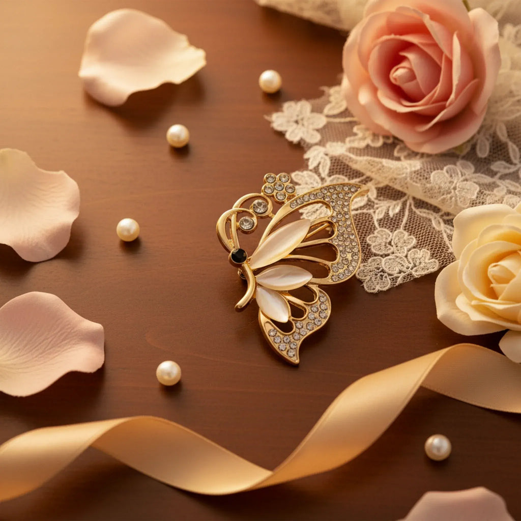 Broche "Papillon de Lumière" – Verre & Strass Étincelants