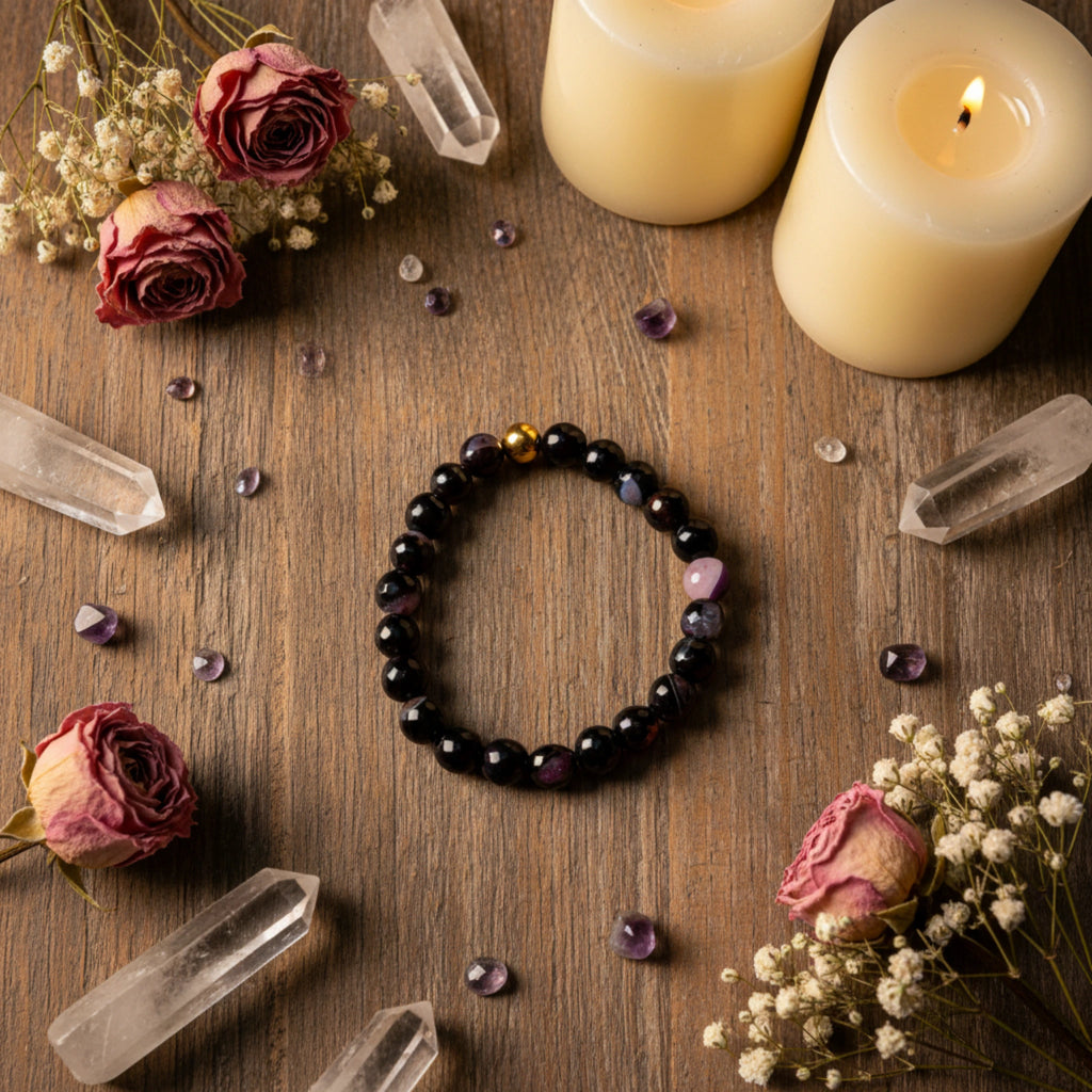 Bracelet Perles Noires Brillantes & Or