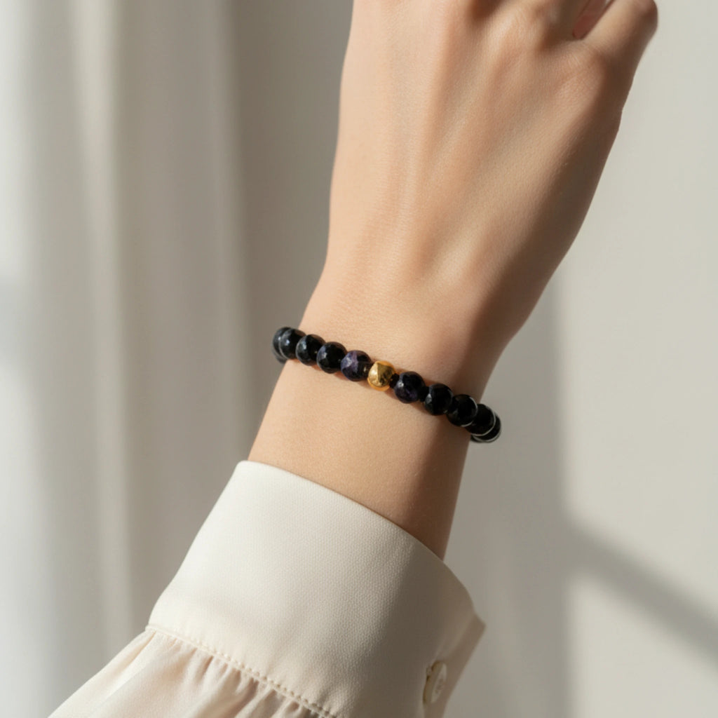 Bracelet Perles Noires Brillantes & Or