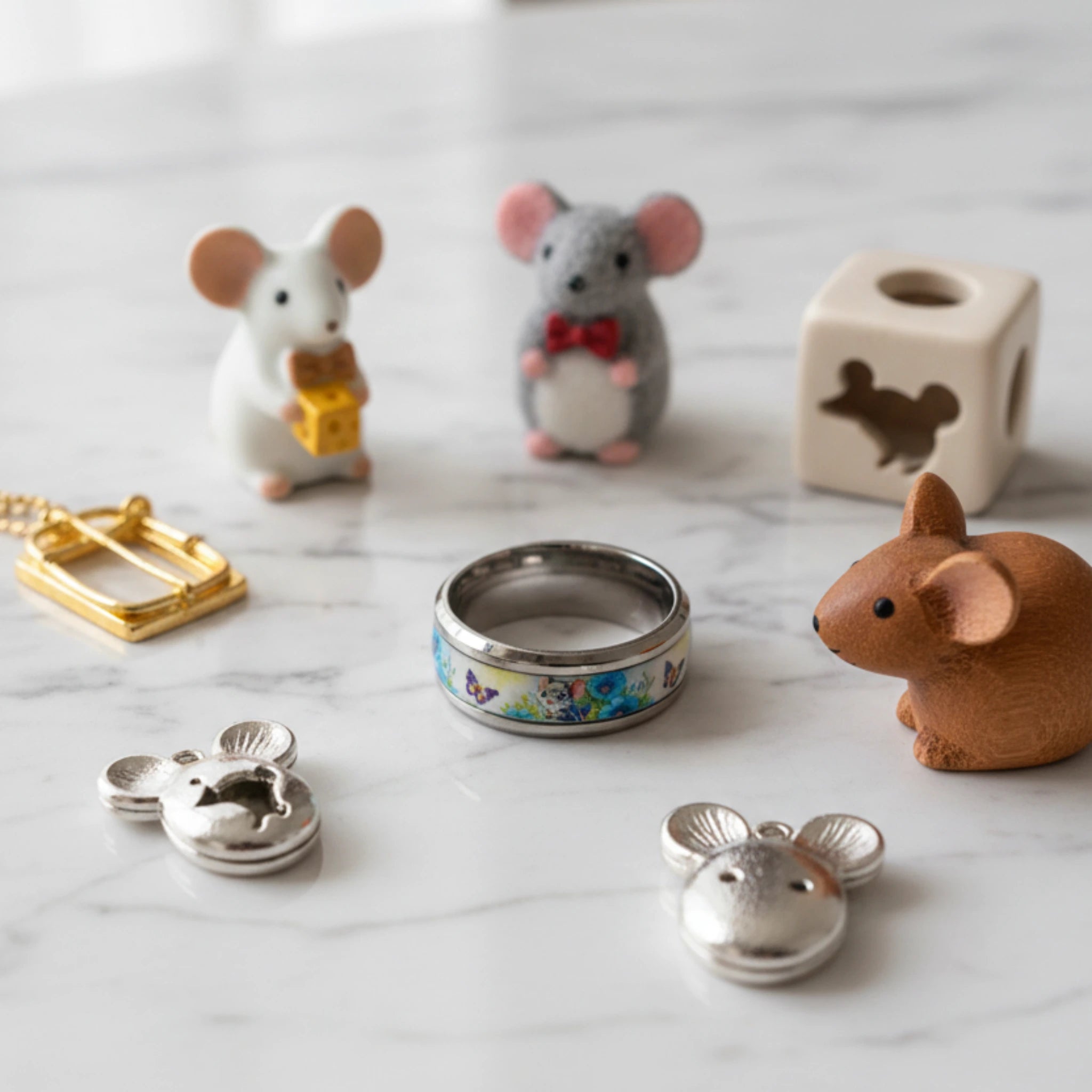 Bague petite souris des champs en acier inoxydable et résine