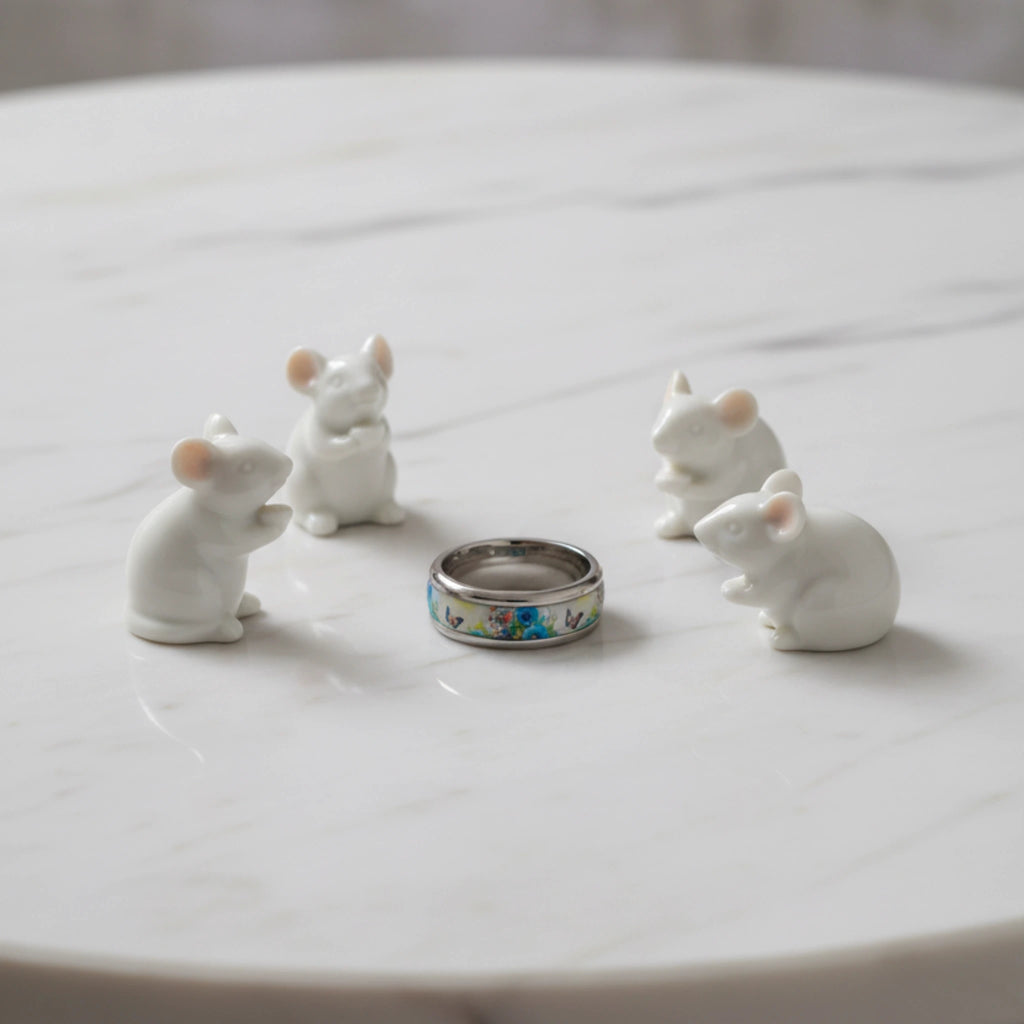 Bague petite souris des champs en acier inoxydable et résine