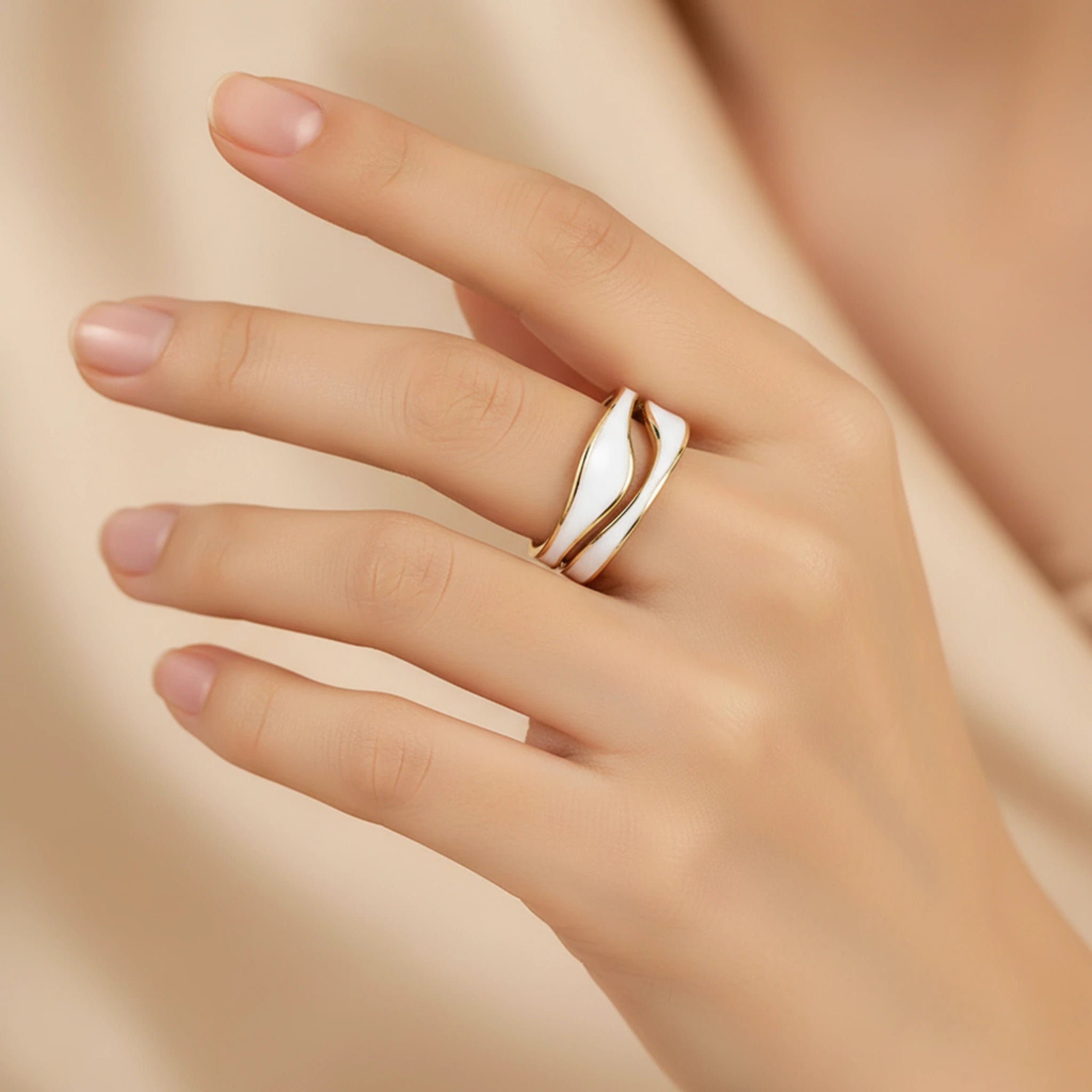 Bague Ajustable "Lune d'Émaux" en Acier Inoxydable 304L & Émail Blanc
