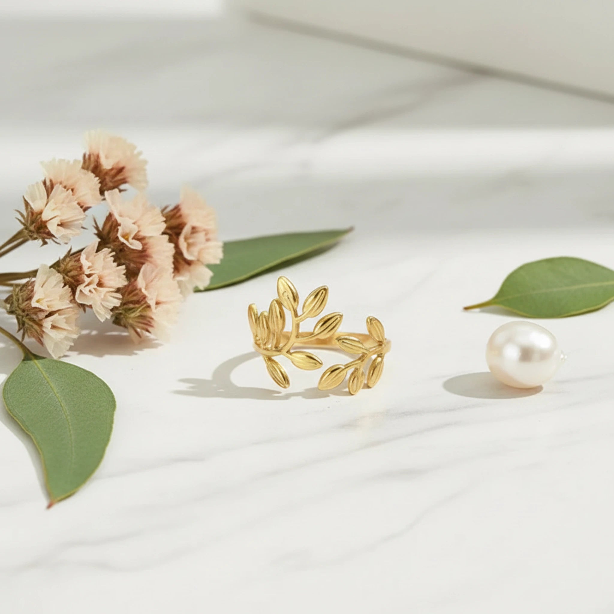 Bague Ajustable "Rameau d’Olivier" en Acier Inoxydable